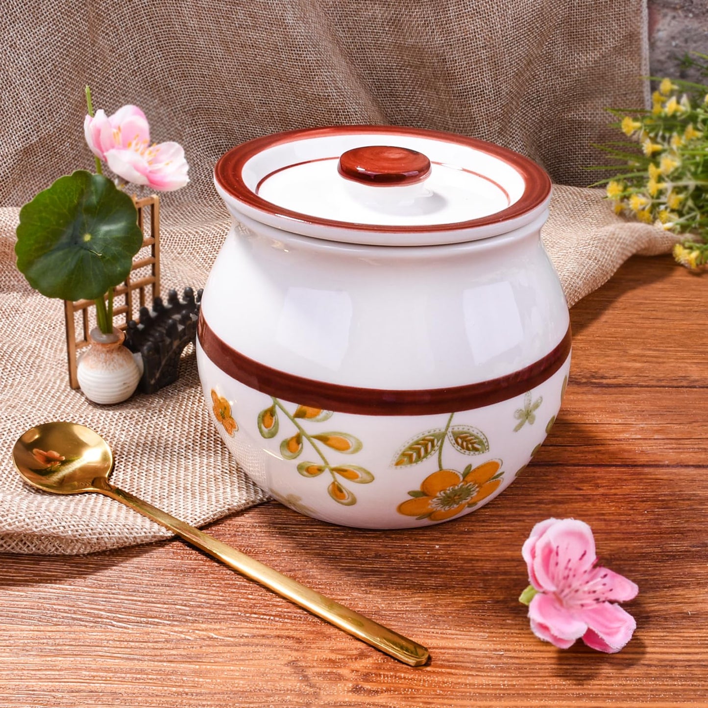 BOSILI Ceramic Spice Jar Set of 2, Airtight Canisters with Lids and Spoons, Floral and Geometric Pattern Containers for Spices, Sugar, Coffee and Tea