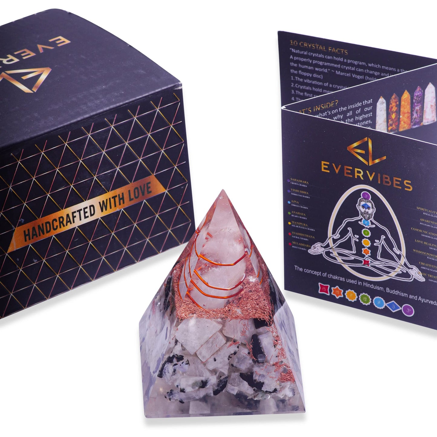 Ever Vibes Rainbow Moonstone Orgone Pyramid - Handmade Healing Crystal Gemstone for Positivity, Strength, Meditation, Reiki, Yoga, Spiritual Gift, Home & Office Decor