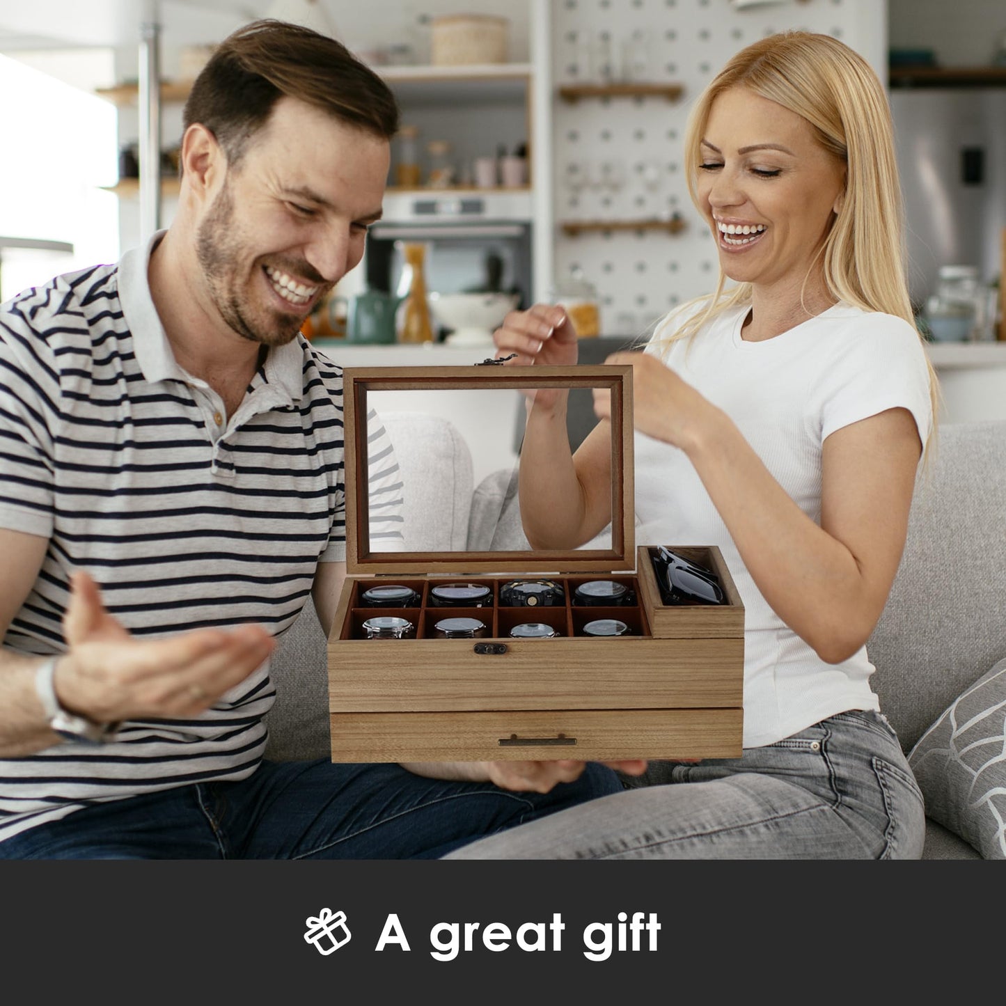 GALHUBIS Watch Box with Tray, 2-Tier Watch Case for Large Dial Watches, 8-Slot Watch Display Case with Lid, Removable Watch Pillows, Drawer, Gifts for Men Women, Watch Organizer, Jewelry Box, Walnut