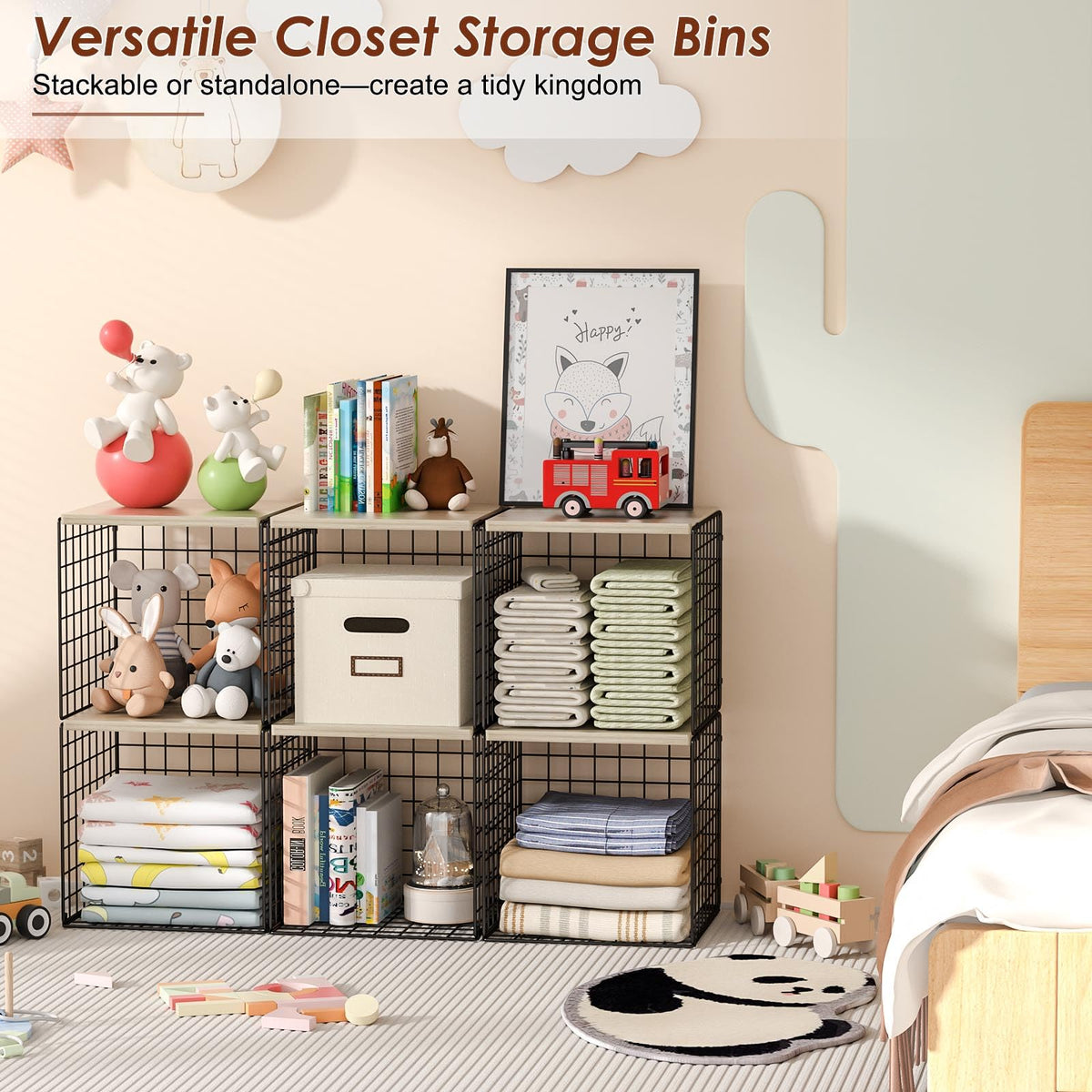 Hencawima 4-Tier Stackable Closet Organizers and Storage, Dual-Layer Reinforced Clothing Cube Shelves with Wood Tops, Sturdy Clothes Storage Bins & Shelf Basket for Wardrobe, Closet Organizer System