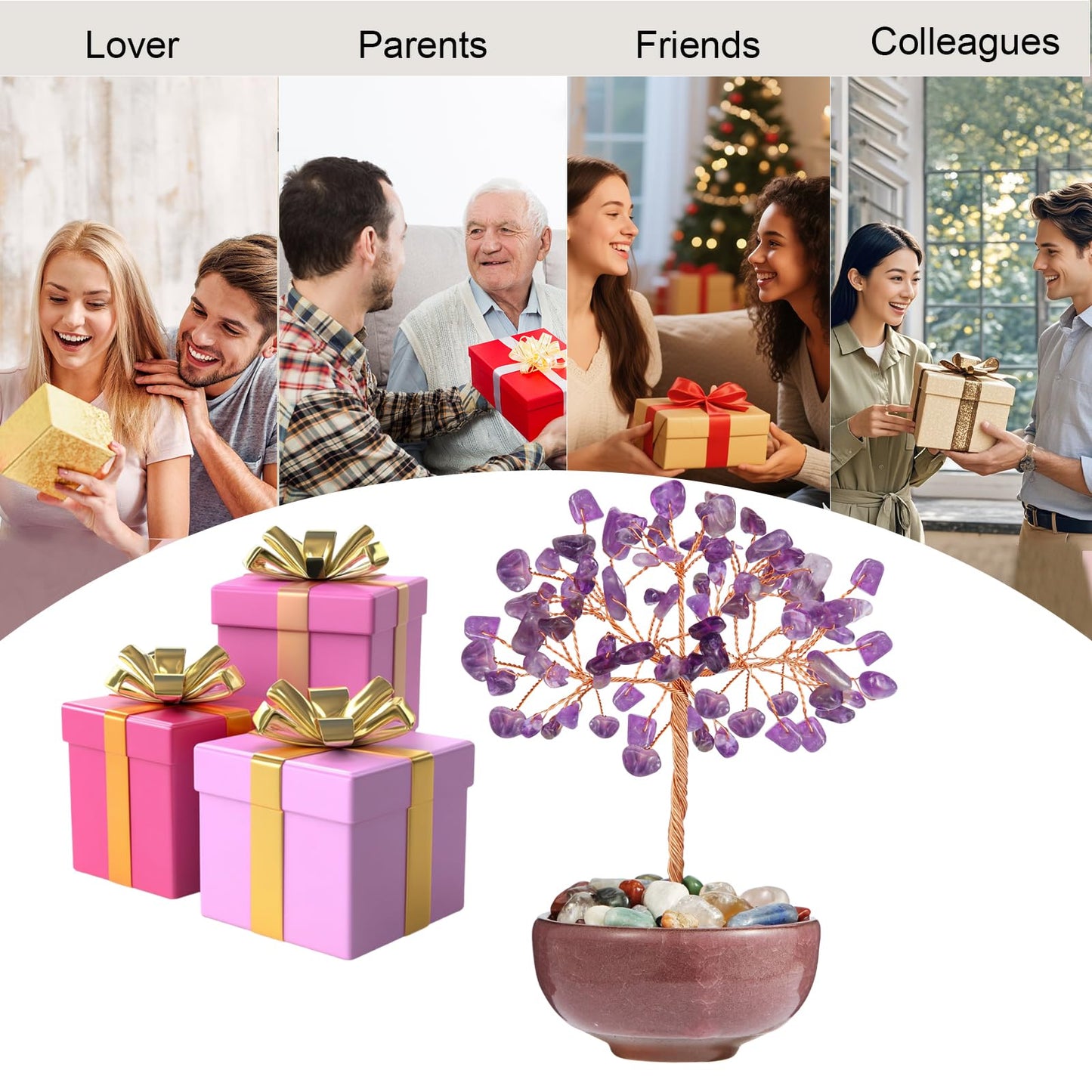 Amethyst Crystal Tree with Ceramic Base,Natural Gemstone Feng Shui Money Tree for Wealth,Good Luck & Positive Energy,Handmade 5 Inch Healing Abundance Bonsai for Home Office Decor