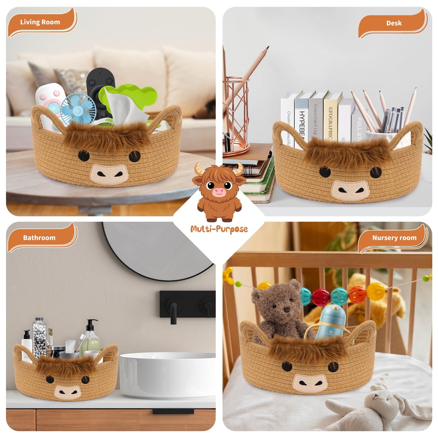 Hkojewp Oval Highland Cute Cow Basket for Nursery, Small Woven Gift Basket, Rope Cotton Storage for Gifts Empty, Baby Shower Blanket 0rganizer with Handles,Towel Decorative Bins, 12"D x 5"H in