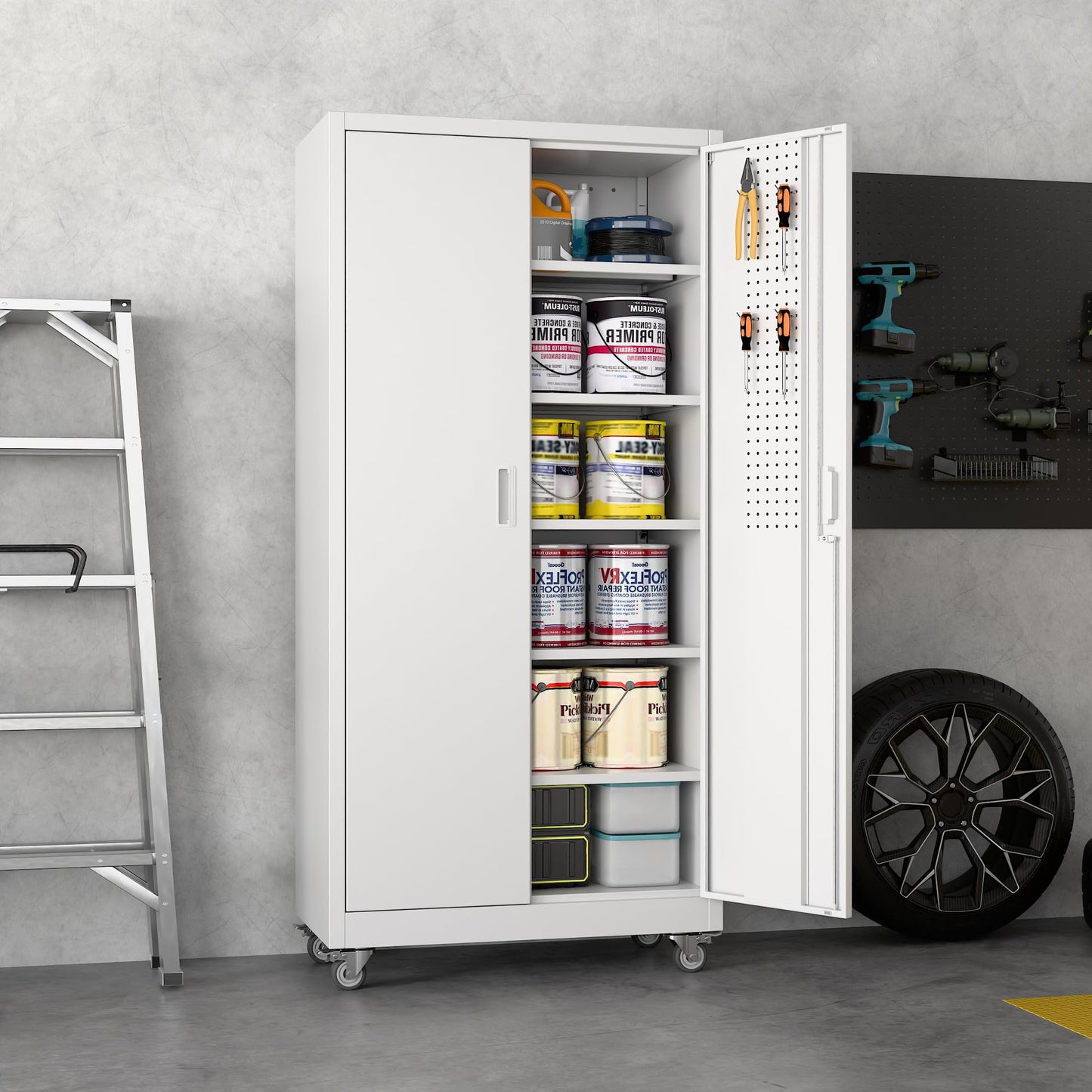 Aobabo Upgraded Garage Storage Cabinets with Wheels,Metal Storage Cabinets with 5 Adjustable Shelves for Garage Home Office Storage,White,71''H*34''W*18''D,Assembly Required