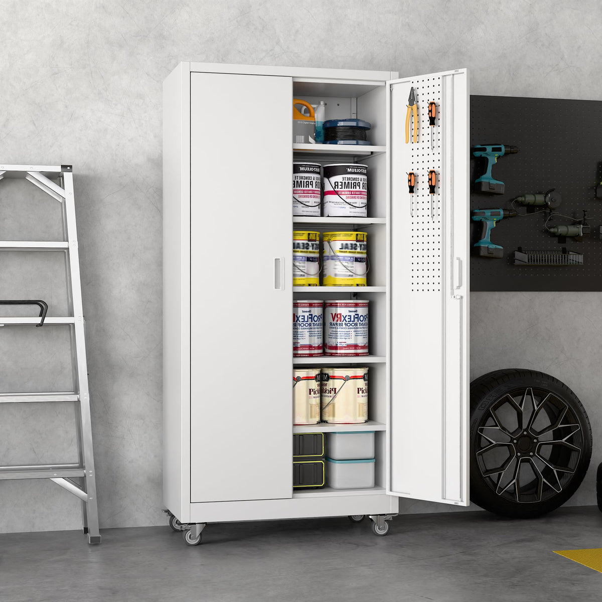 Aobabo Upgrade 71H''*34''W*18''D Metal Garage Storage Cabinet with Wheels and Pegboards, 5 Adjustable Shelves Steel Storage Cabinets for Home,Warehouse,Garage,Assembly Required,White