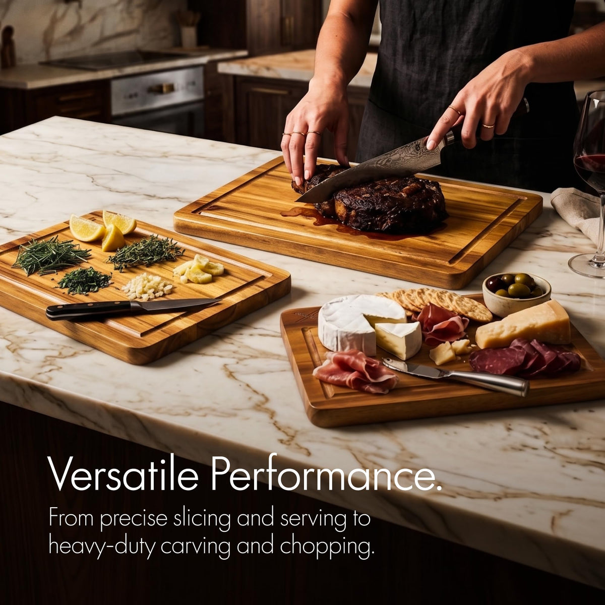 Xushro Acacia Wood Cutting Board Set of 3 with Stand - Thick Wooden Chopping Boards with Deep Juice Grooves - Non-Slip & Durable Wooden Boards for Meat & Vegetables (16x12, 14x10, 12x8) - Natural