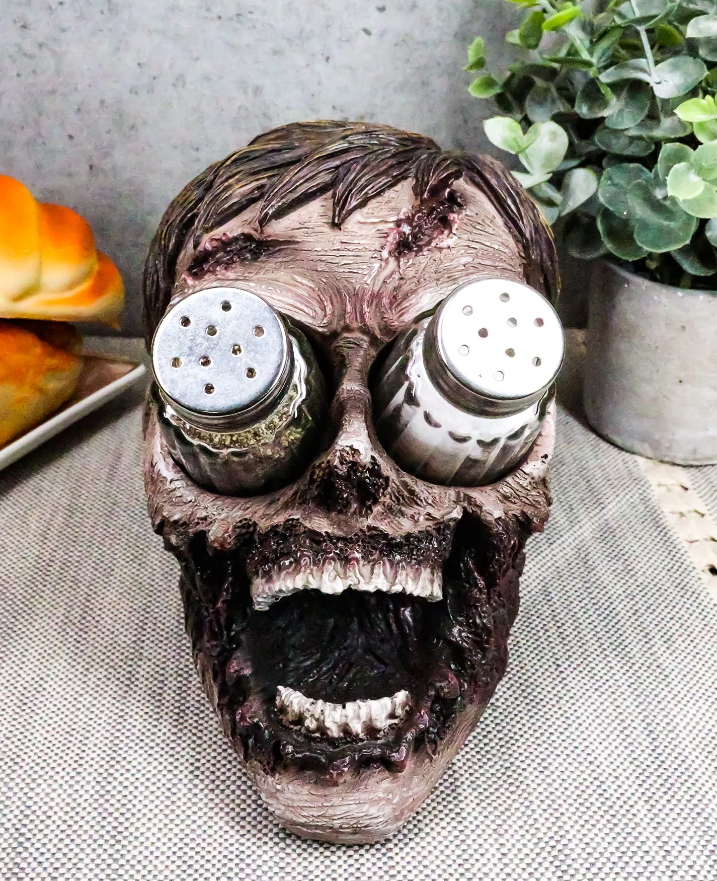 Ebros Walking Undead Gory Eyeless Zombie Head Salt And Pepper Shakers Holder Figurine Set With Glass Shakers 5.5"H Scary Decor Statue