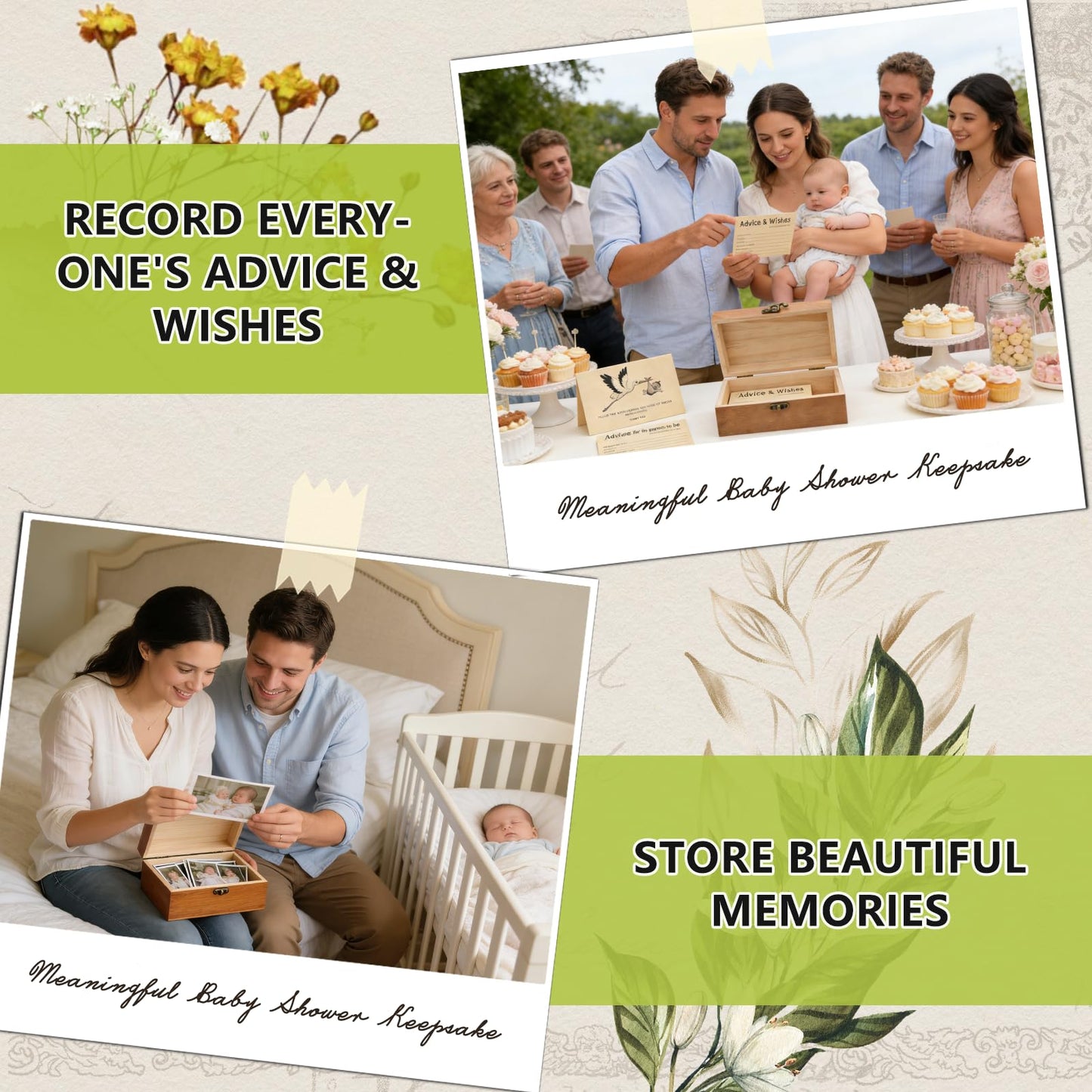Natural Wooden Baby Shower Keepsake Box with 50 Pcs Advice & Wishes Kraft Cards - Elegant Guest Book Alternative – Rustic Time Capsule Memories Box for New Parents, Mom & Dad to Be Gifts (Set)