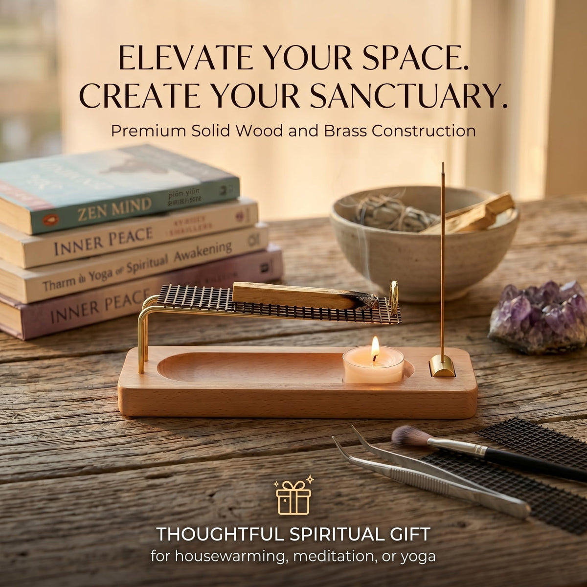 4 in 1 Incense Holder for Sticks, Palo Santo and Sage Holder, Wooden Incense Burner with Ash Catcher, 2 in 1 Incense and Candle Holder, Unique Incense Stick Holder for Yoga Meditation Decor