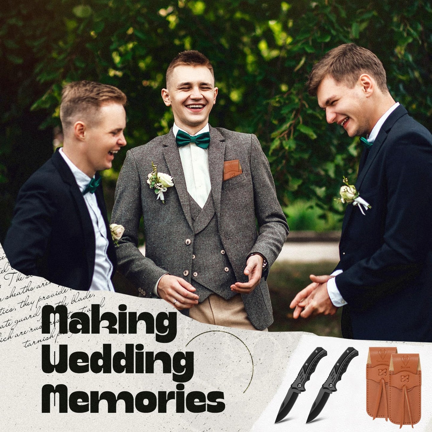 Abbylike 6 Set Groomsmen Gifts Personalized Groomsmen Pocket Knife with Leather Sheaths Mini Folding Knives Proposal Gifts for Wedding Party Favors(Classic,Black)