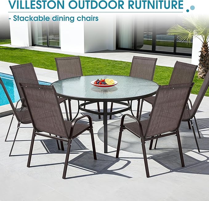 Outdoor Stackable Chairs Set of 8, Stacking Patio Chairs with Textilene Fabric, Outside Furniture for Garden Backyard Balconie Poolside Deck, Brown