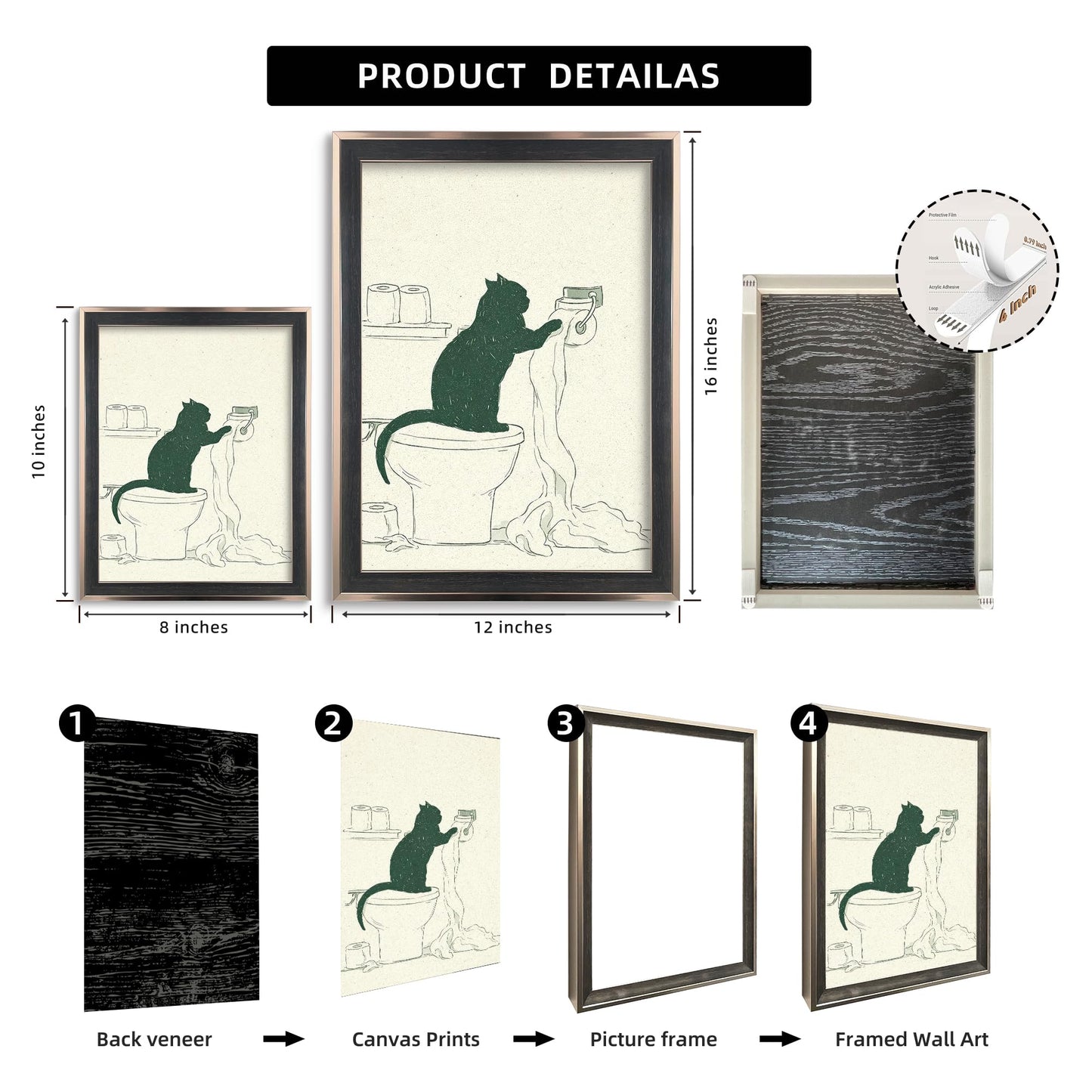 Framed Funny Cat Bathroom Wall Art Minimal Black Cat Toilet Paper Sketch Line Drawing Canvas Print Humorous Decor for Bathroom Guest Toilet Ready to Hang 12inx16in