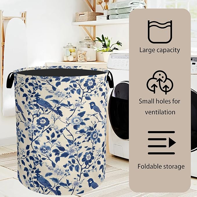 Navy Blue Beige Birds Laundry Basket