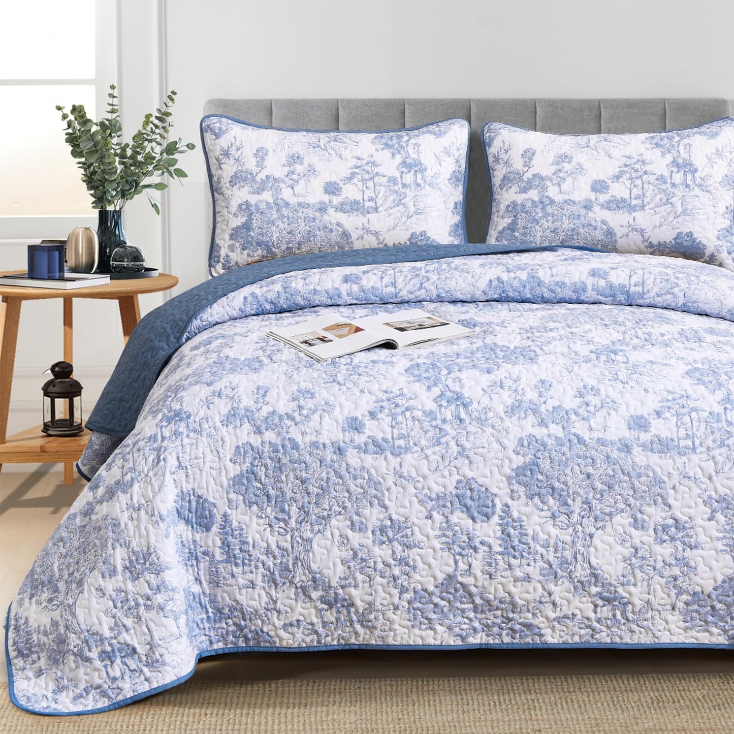 WONGS BEDDING Blue Quilt Set Queen Size, 3 Pieces Botanical Bedspreads Set Lightweight Microfiber Blue Toile Plants Pattern Coverlet Home Decor for All Seasons(96"×90")