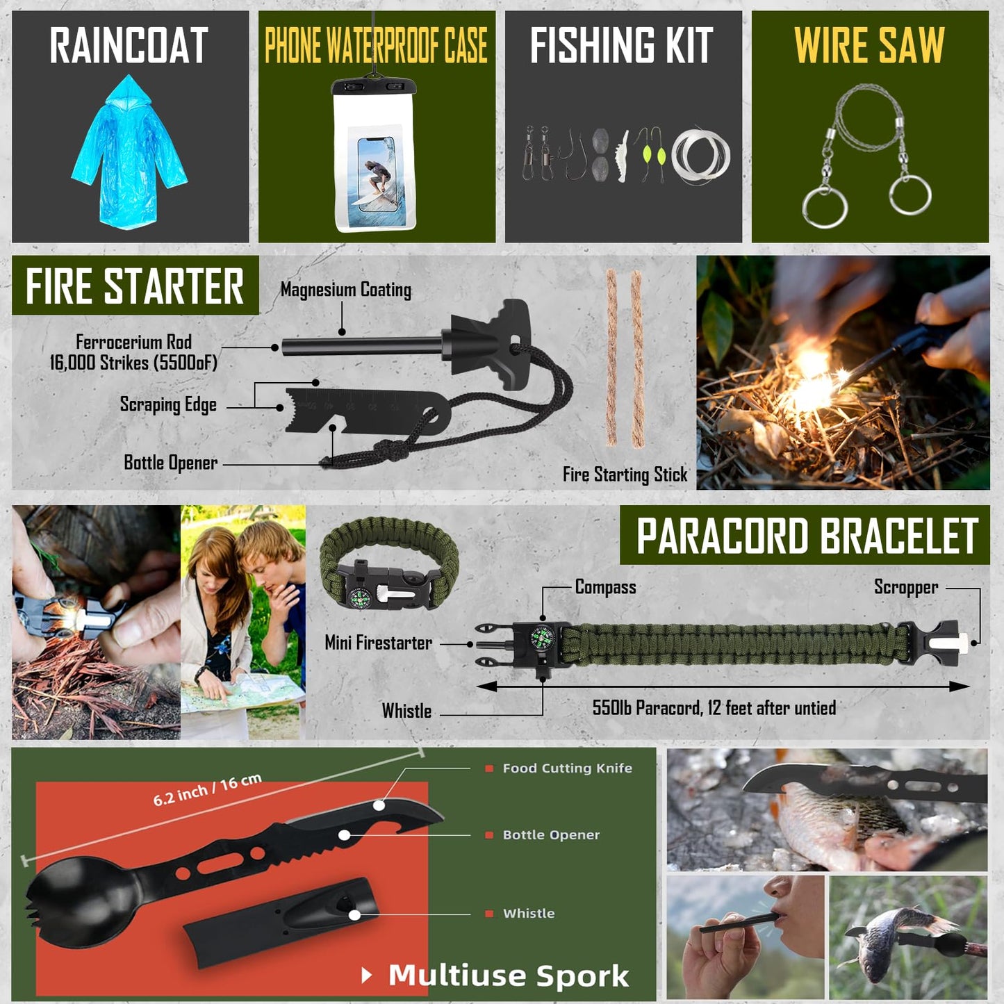 Survival Kit, 268 Pcs Emergency Survival Gear and Equipment Supplies with First Aid Kit, Camping Axe, Headlamp, Crossbody Bag for Camping Hiking, Hunting, Gift for Christmas Men, Dads,