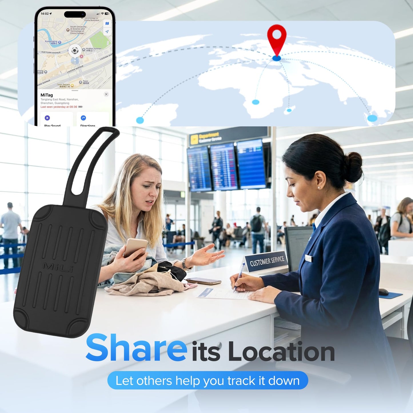 MiLi Silicone Luggage Tag Tracker, Dual System (iOS/Android) Locator for Suitcase, Travel Bags, Carry-On, Backpacks, Compatible with iOS Find My and Google Find Hub App, Black