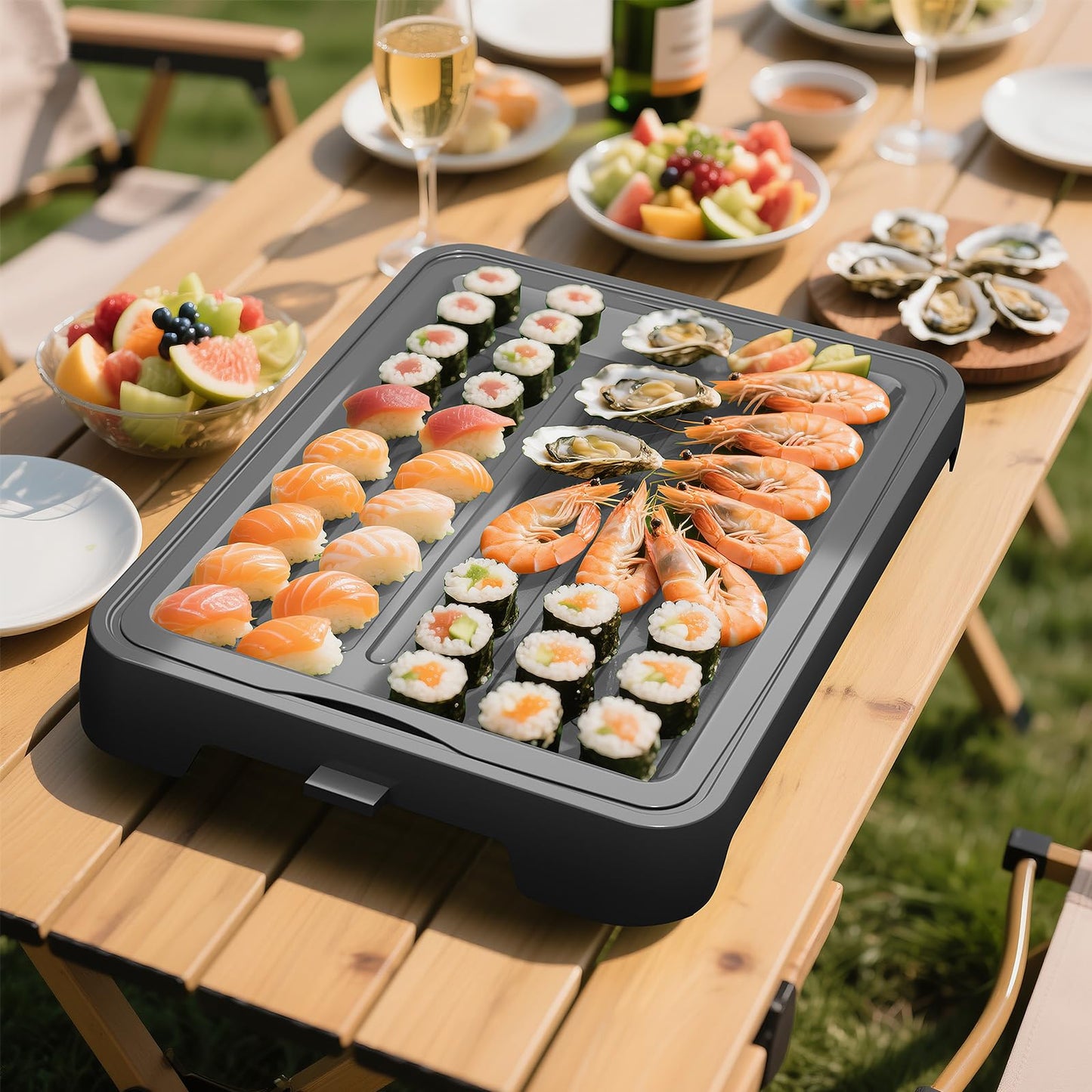 Chilled Portable Serving Tray Platterbox with Reusable Ice Pack with Lid Shrimp Cocktail Serving Dish Platter Cold Food Buffet Server for Appetizer Veggie Fruit Food Parties Outdoor Picnic, Black