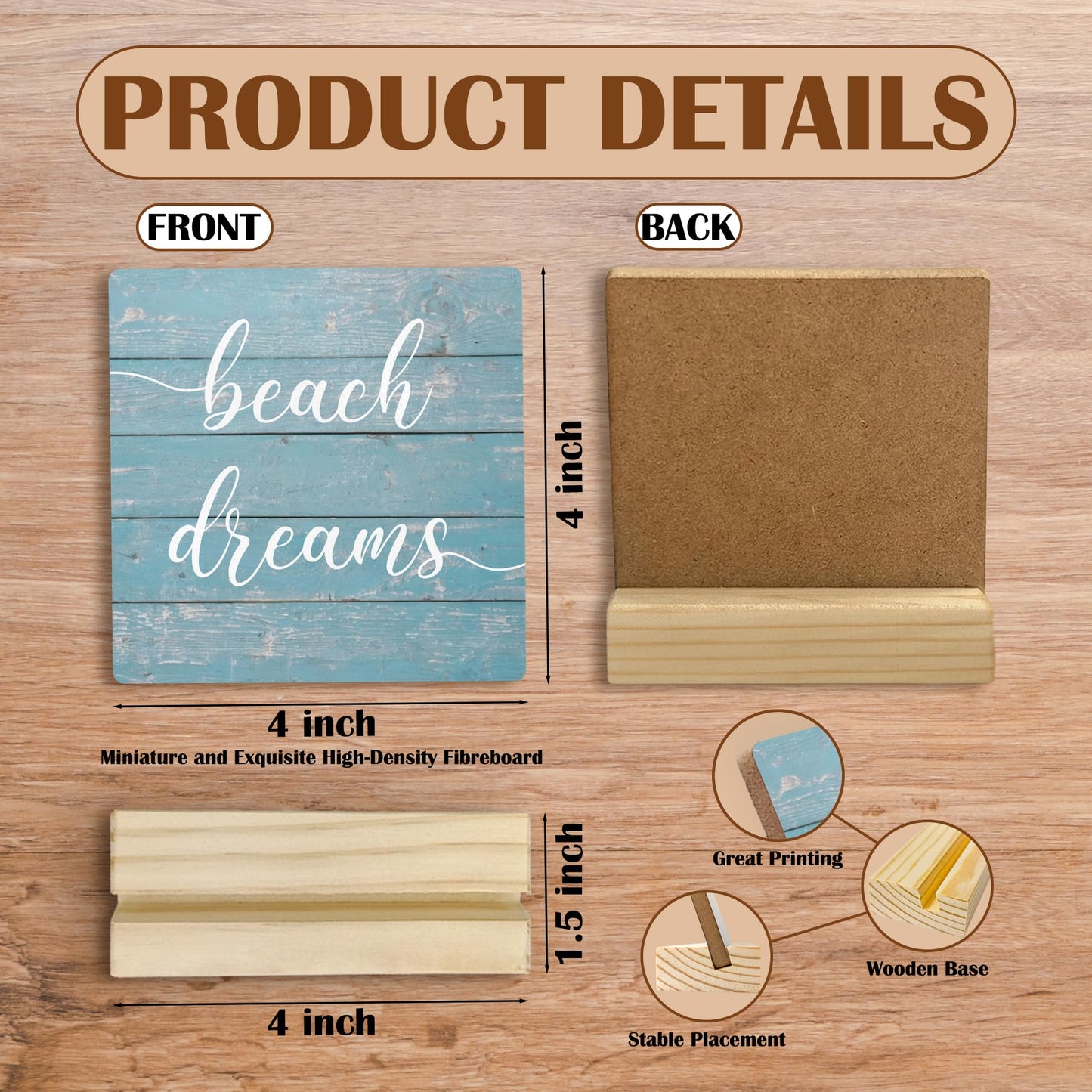 Mfyossrll Beach Desk Decor, Beach Dreams Decorative Signs & Plaques, Blue Coastal Ocean Nautical Beachy Desk Sign with Wooden Stand for Home Bedroom Office Shelf Table Decor