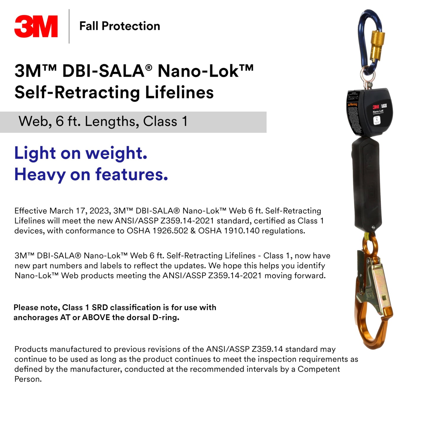 3M™ DBI-SALA® Nano-Lok™ Personal Self-Retracting Lifeline with Anchor Hook, Web Steel Swivel Snap, 3100521, 6 ft., Class 1, ANSI