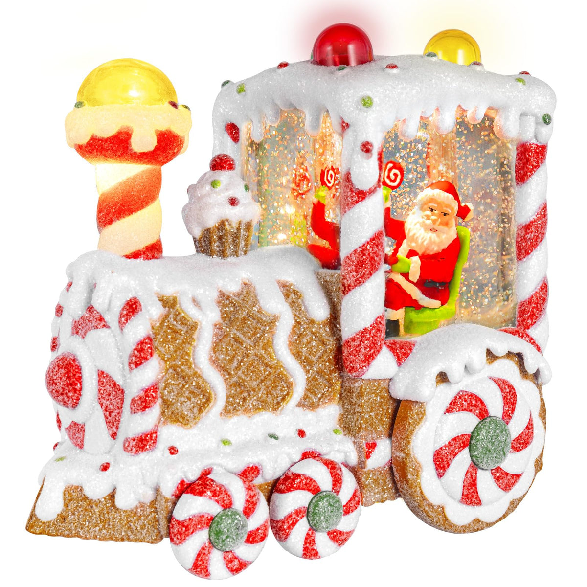 Christmas Snow Globes Dessert Train Water Glittering Lantern with 6H Timer Function Santa Snow Globe Christmas 3 AA Battery Operated for Xmas Festival Decorations Gifts (Dessert Train)
