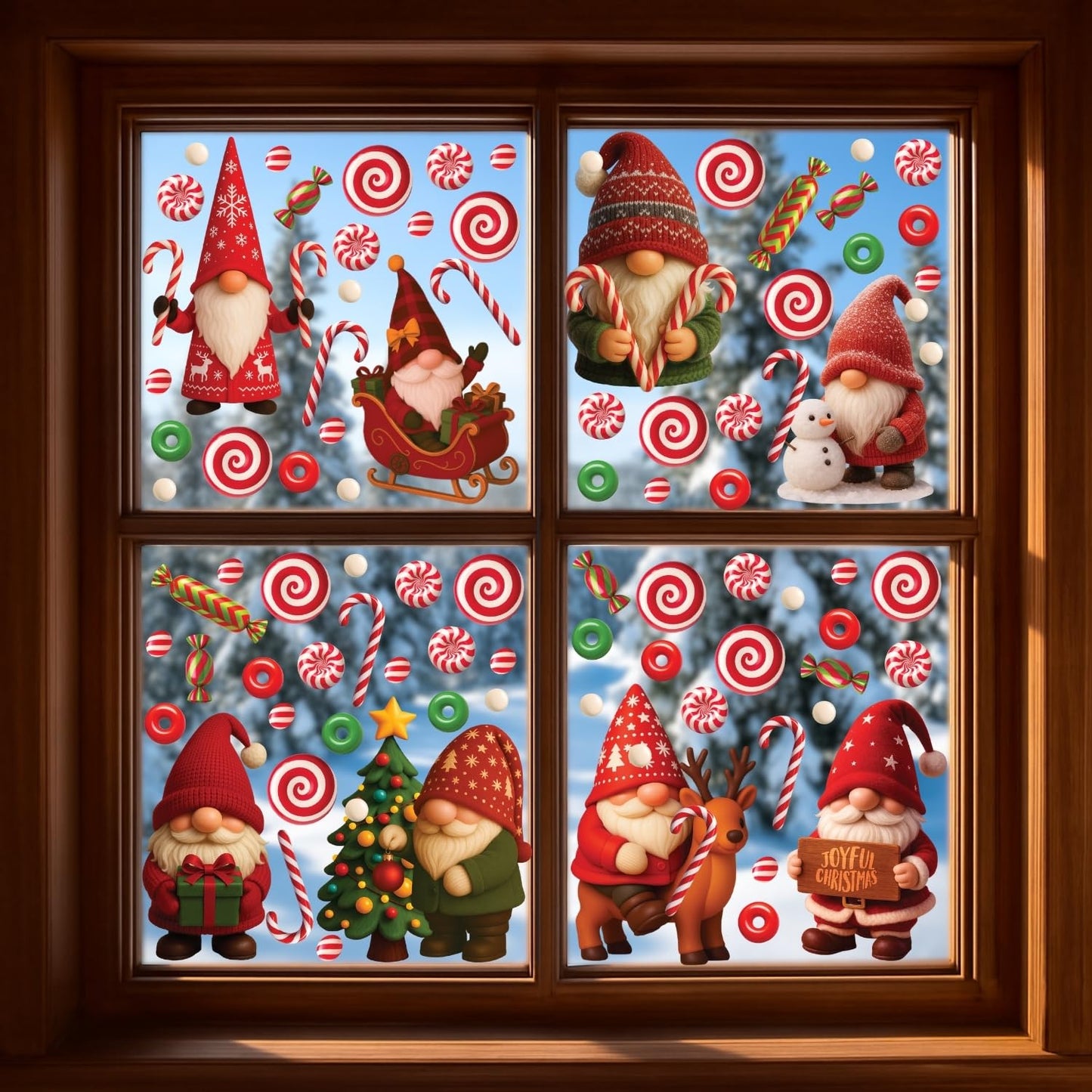 WALPLUS Christmas Window Clings Decorations Double-Sided Reusable Peel and Stick Removable for Glass Living Room Nursery Room Home Office Holiday Gnomies and Candy Delights 186 Pieces