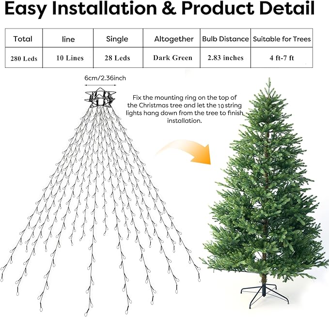 Christmas Tree Lights with Remote 280 LEDs Christmas Lights for Tree with 8 Lighting Modes, Timer and Memory Function, Indoor Outdoor String Lights for 4 ft-7 ft Xmas Tree Decorations(WarmWhite)