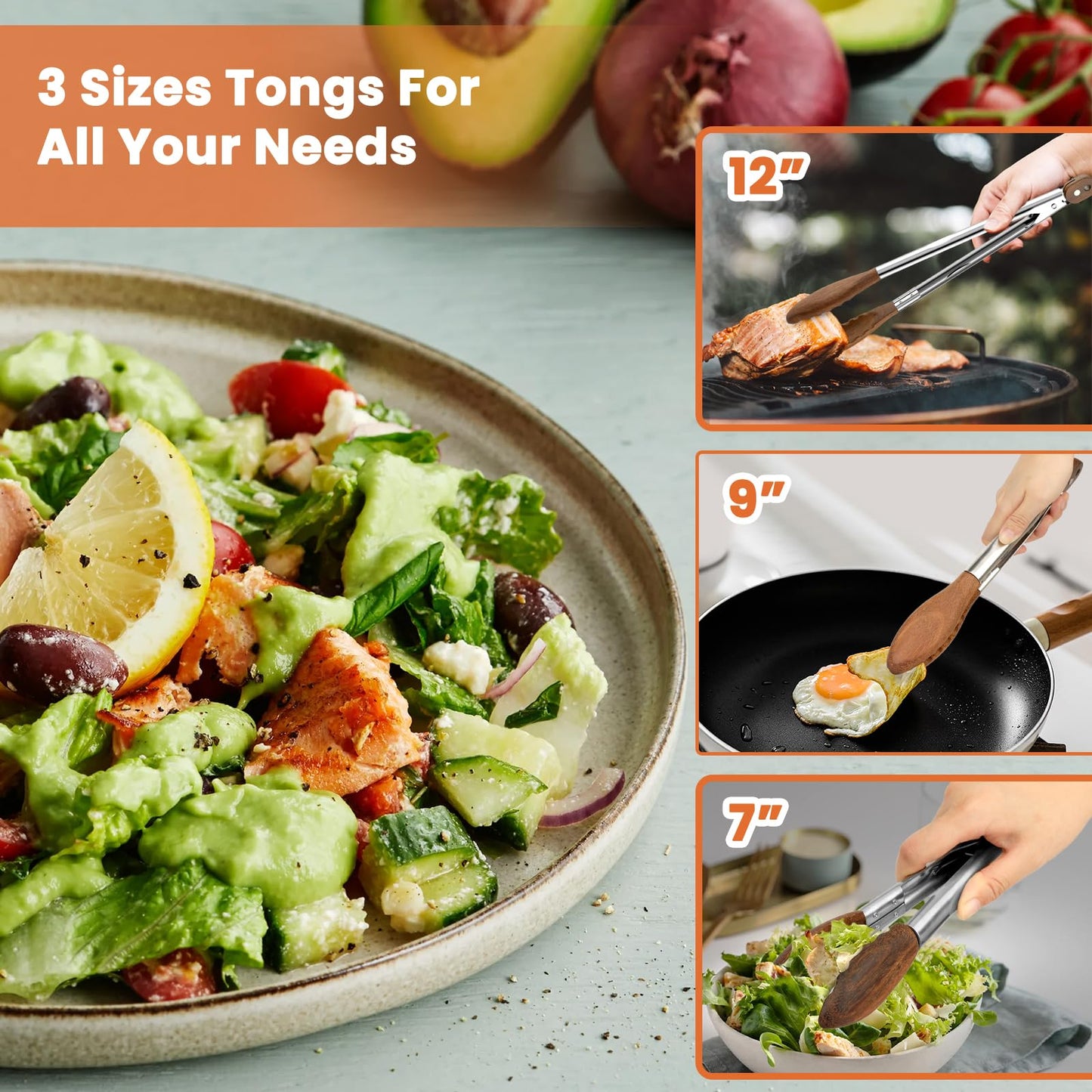Wooden Tongs for Cooking Set of 3-7, 9, 12 inch Natural Walnut Kitchen Tongs with Stainless Steel, Heat Resistant Non-Scratch Utensils for Grilling, Serving, Salad, BBQ
