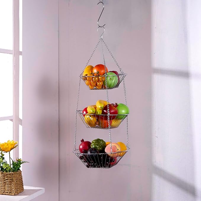3-Tier Wire Fruit Hanging Basket 2 Packs, non-Punching Wall Hanging Storage