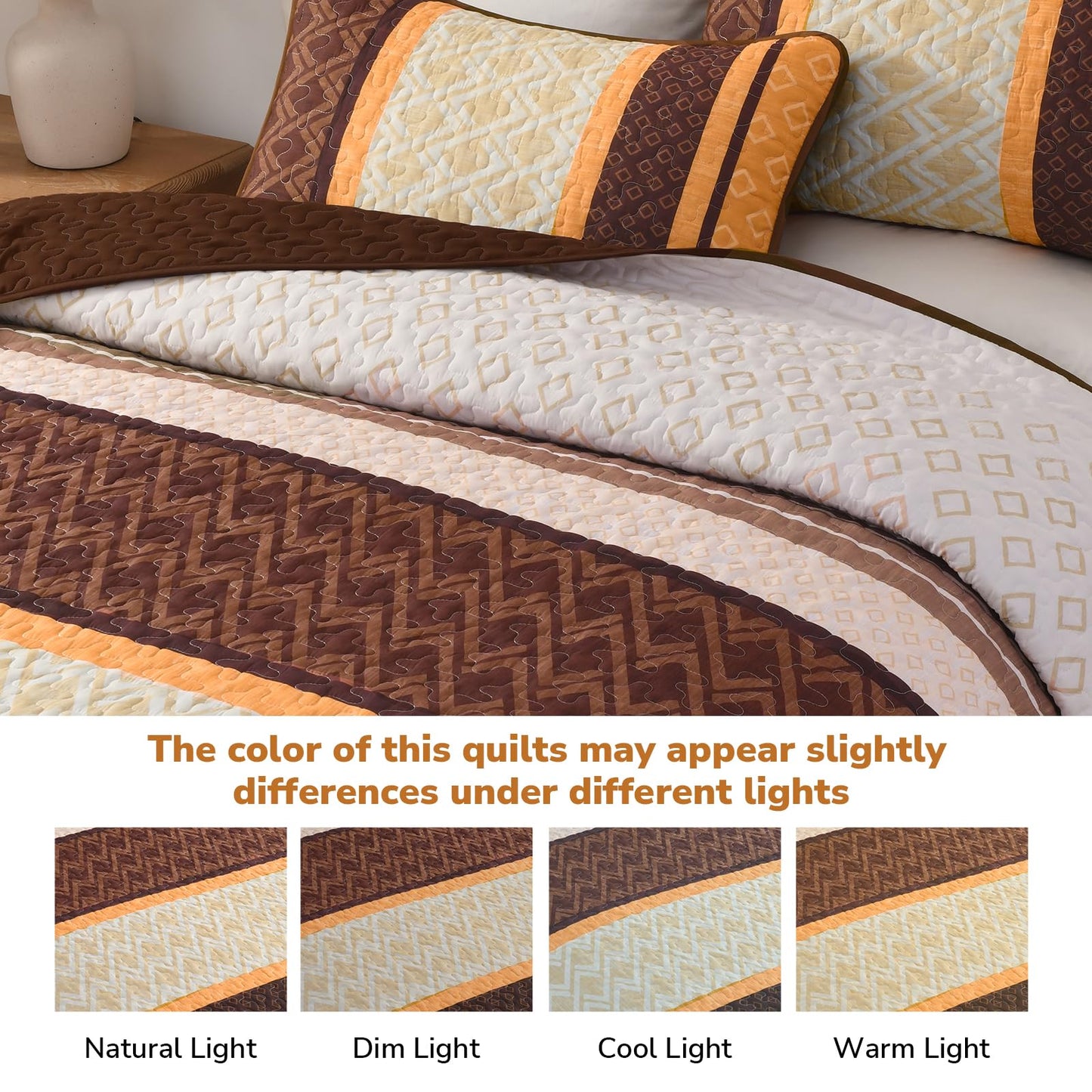 Dinjoy Boho Queen Quilt Set, Soft 3 Pieces Striped Bedspreads, Fall Orange Bedding Sets Micofiber Lightweight Quilts with 2 Pillow Shams Coverlet Bed Sets for Women Men 96''x90''