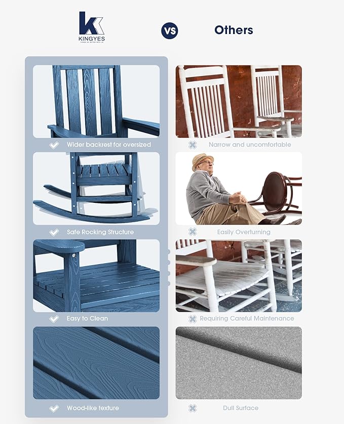 KINGYES Oversized Outdoor Rocking Chair, All-Weather Patio Rocking Chairs for Porch, HDPE Outdoor Patio Rockers with High Back & Wide Seat for Garden, Lawn, Blue