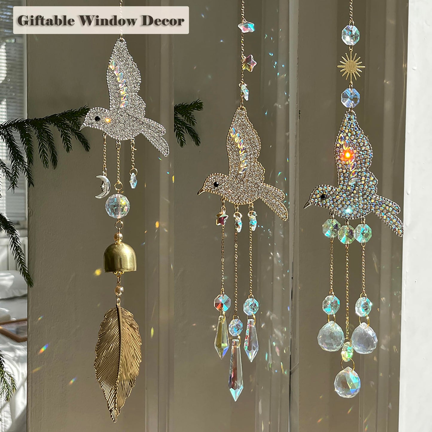 JINYOND Hummingbird Crystal Suncatcher for Window Hanging, Rainbow Maker Prism Ornament with Hook, Sparkling Sun Catcher Decor for Home, Patio, Garden, Bird Lover Gift (Crystal Ball)