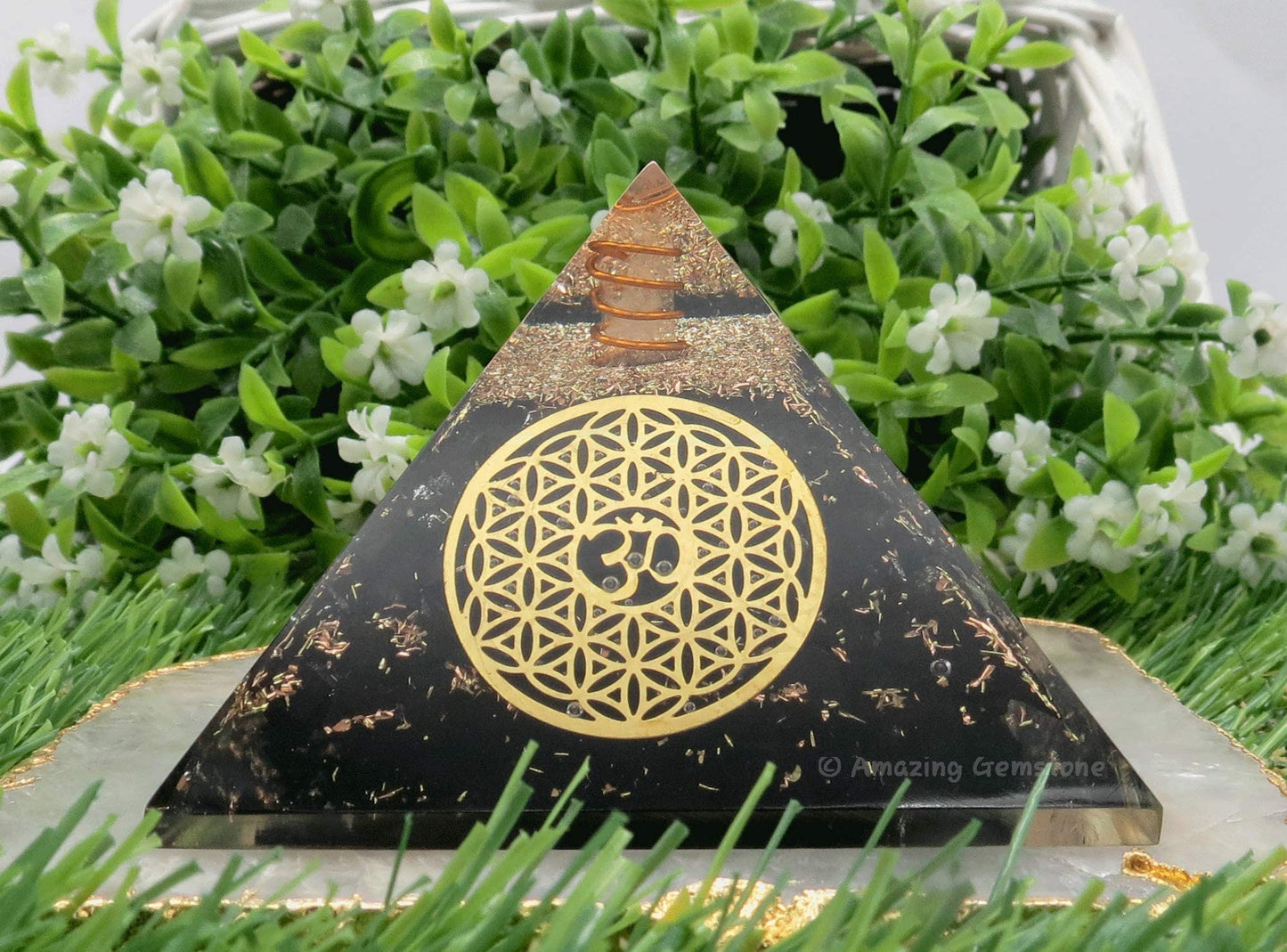 Amazing Gemstone Large Shungite Orgone Pyramid Crystal - OM with Flower of Life Orgonite Pyramid - Positive Energy Healing