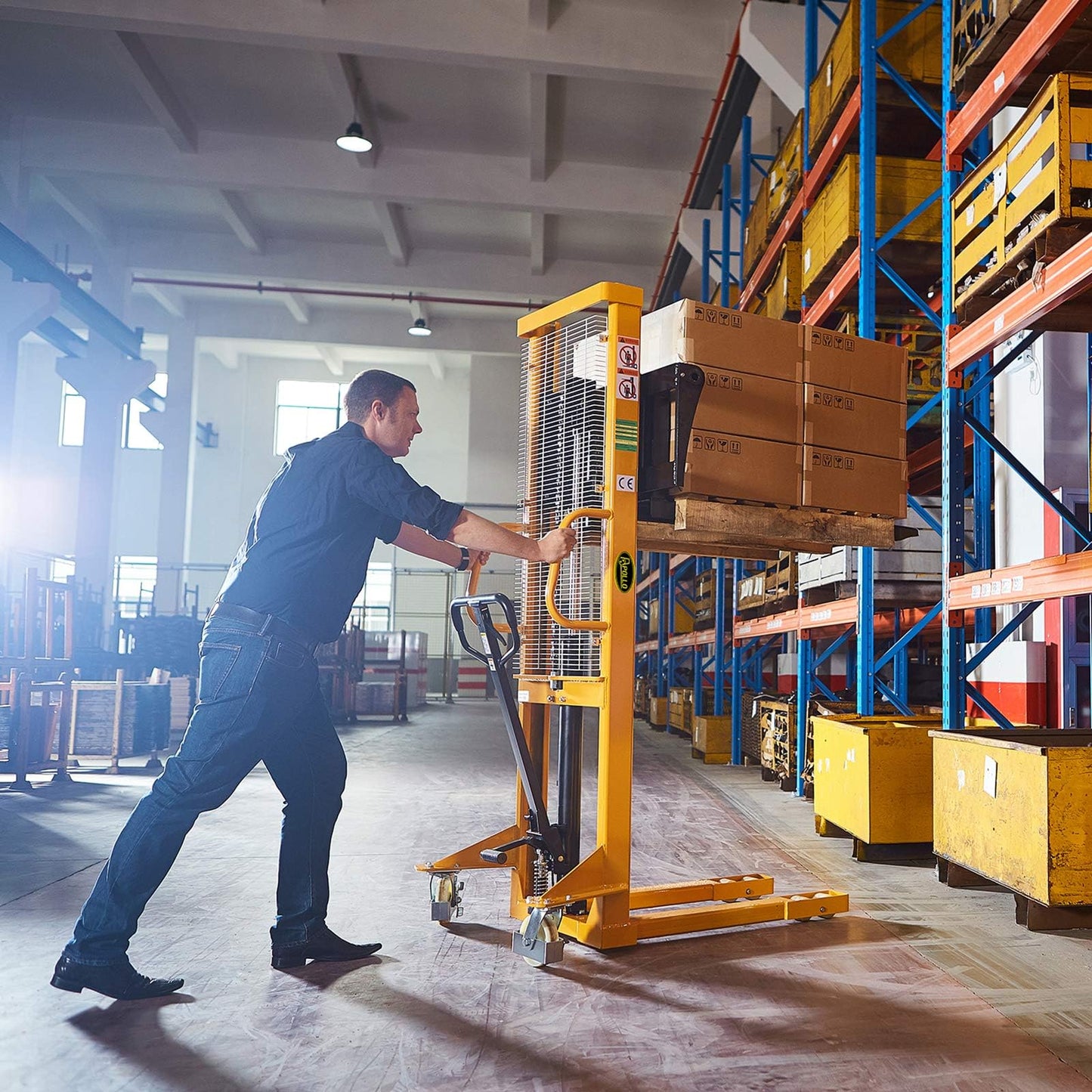 APOLLO Manual Stacker Hand Pallet Forklift 1100lbs Capacity 63" Lifting Height with Fixed Legs and Adjustable Forks Only Suitable for EU Pallets