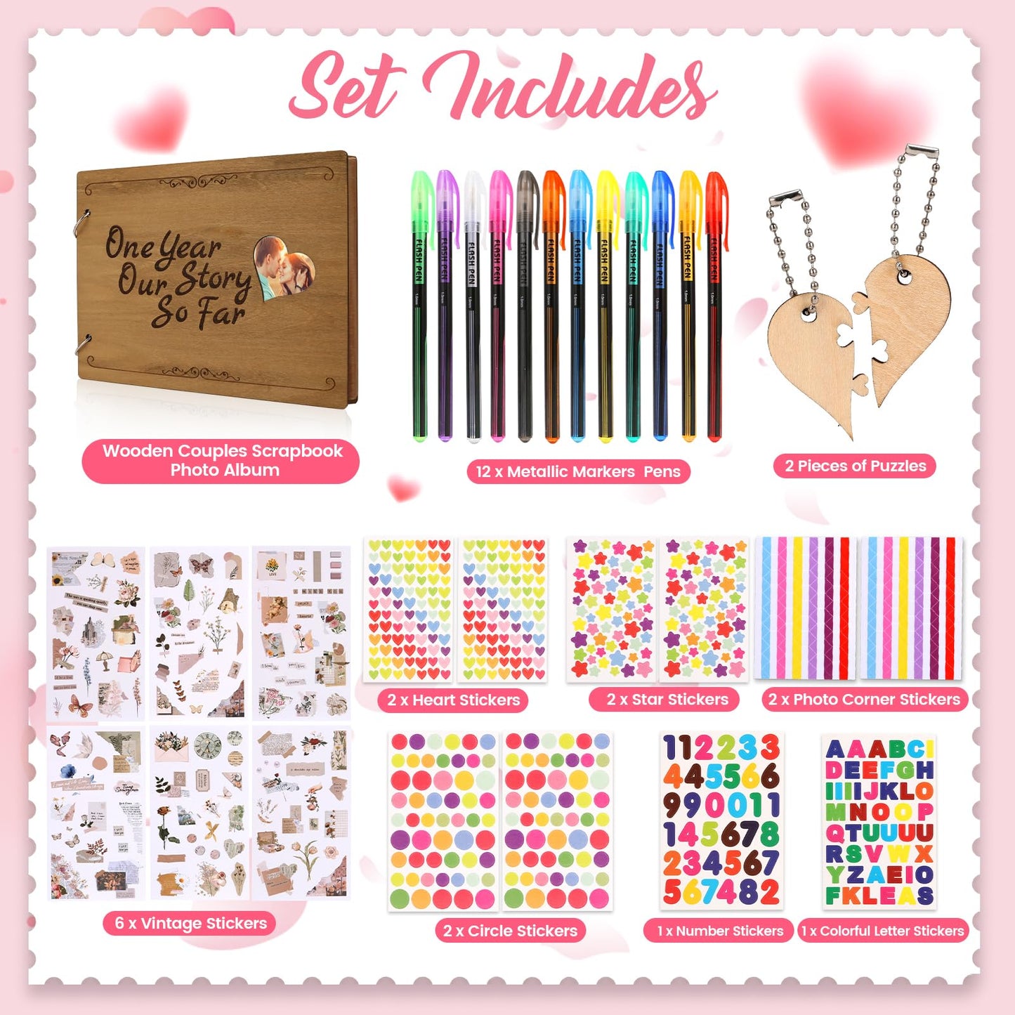 1 Year Our Story So Far Anniversary Scrapbook, Photo Album, DIY Memory Book with 12 Metallic Pens 16 Stickers 2 Puzzle Pieces, Romantic Gift for Boyfriend Girlfriend, 1st Wedding Gift Husband Wife