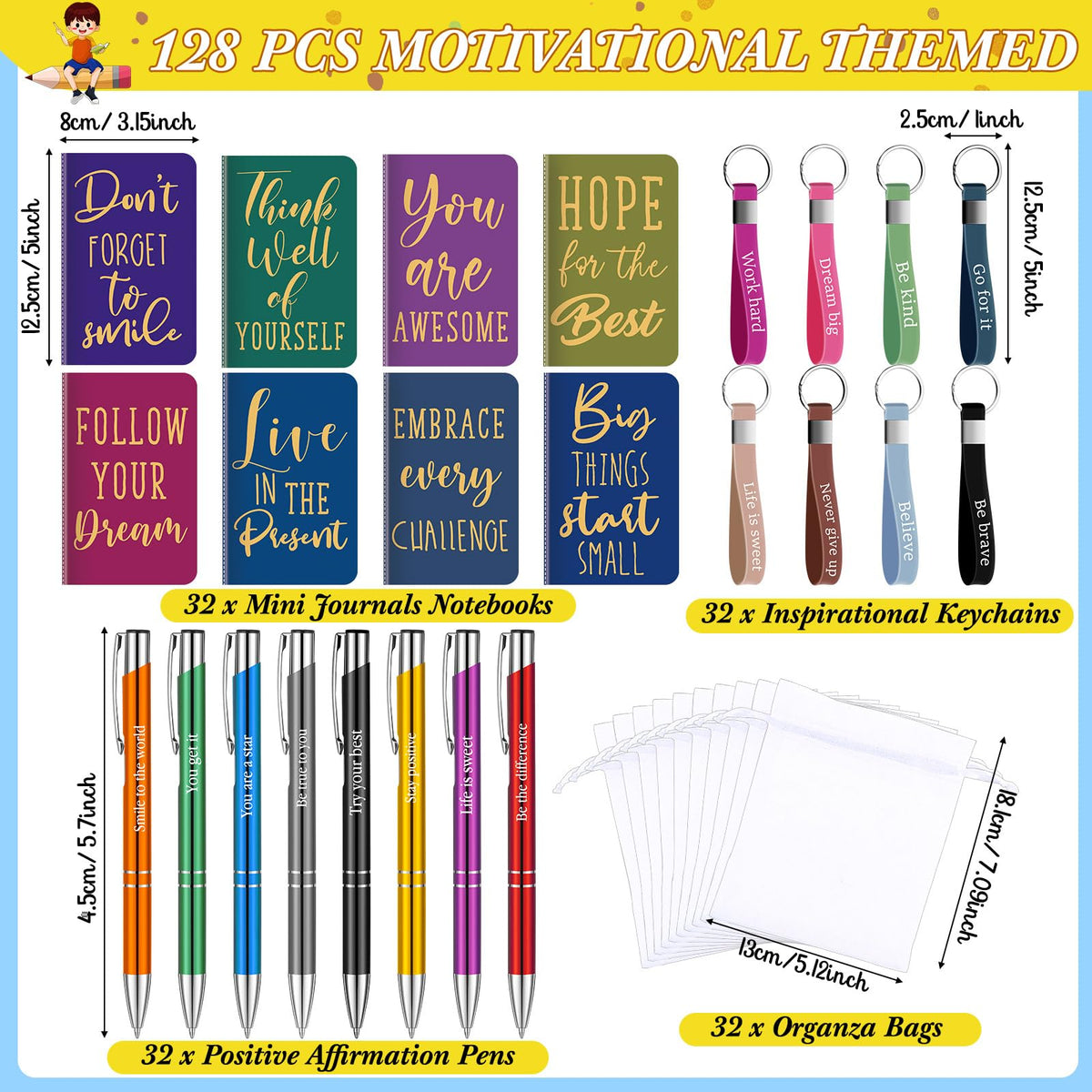 Pajean 128 Pcs Inspirational Gifts Bulk Motivational Notebooks Journal Ballpoint Pens Positive Affirmation Keychains Organza Bags for Students Teachers Employee School Office Prizes Favors Supplies