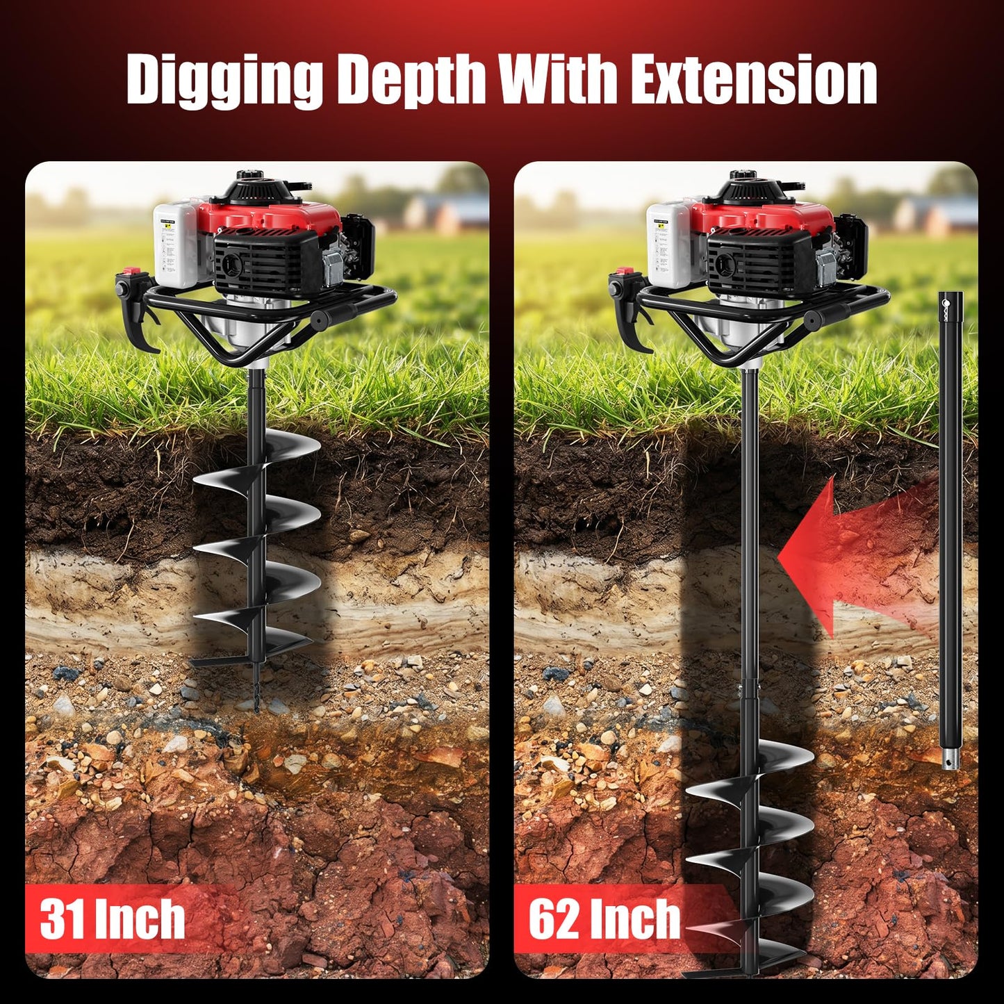Baotree Post Hole Digger, 78cc Auger Post Hole Digger, 4-Stoke Gas Powered Earth Digger with 2 Auger Drill Bits(6" & 8") + 2 Extension Rods, for Farmland, Garden and Plant (78CC)