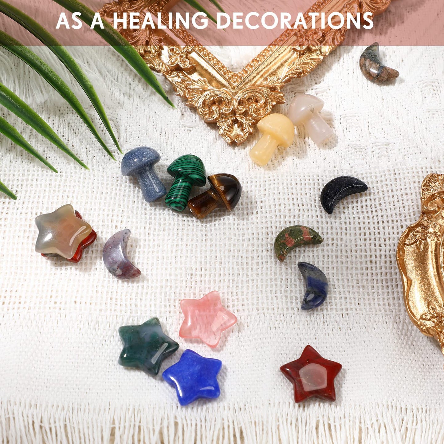 Nuenen 54 Pieces Worry Stones Mushroom Moon Star Shaped Crystal Bulks Mini Thumb Stones Sculpture Decor Gemstones and Crystals for Witchcraft DIY Meditation Balancing(Elegant Style)