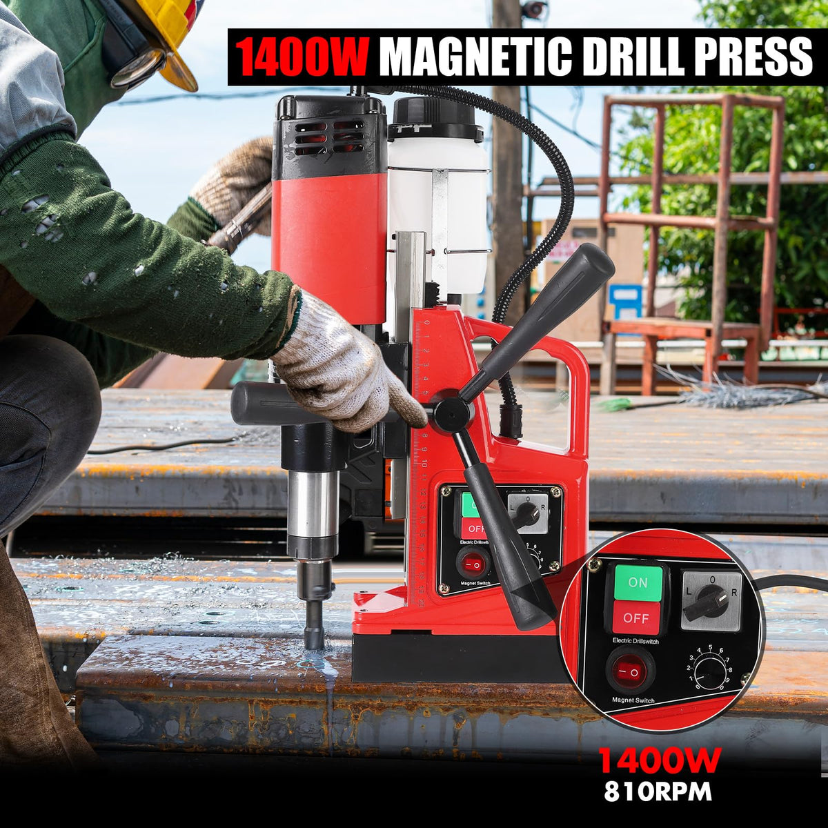 PeakPursuit Mag Drill Press, 1400W 810RPM Portable Magnetic Drill Press, 2 Inch Boring Diameter, Double Track, Electric Drilling Machine with 6Pcs Drill Bits, for Industrial and Home Improvement