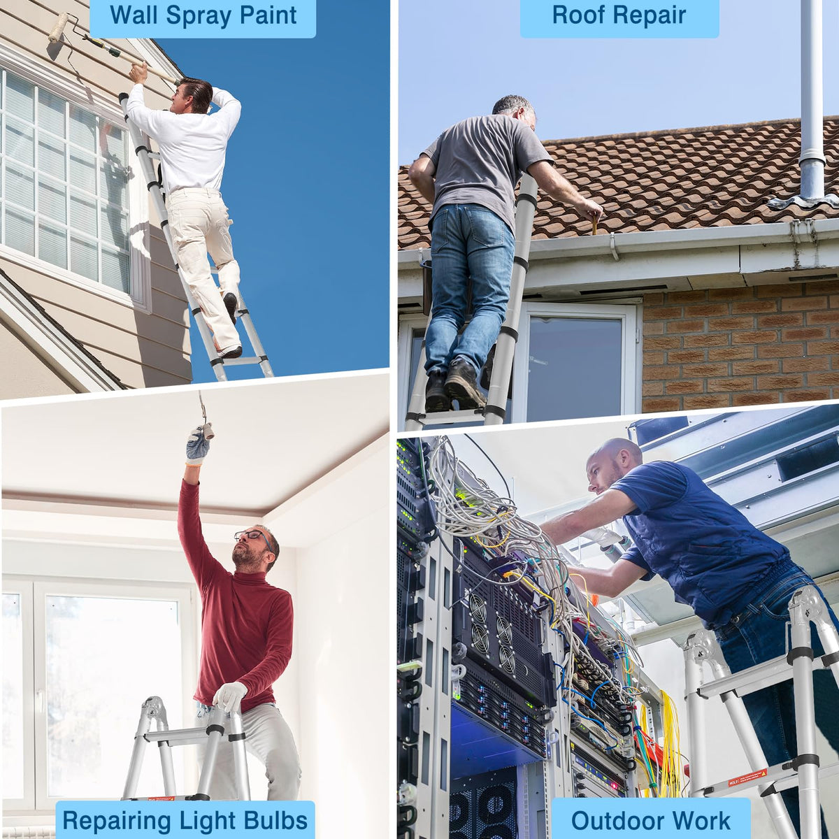 Wolec 14.5FT A Frame Telescoping Extension Ladder with Balance Bar & Wheels, Multi-Purpose Heavy Duty Aluminum Alloy, 330 lbs Max Capacity, Non-Slip, Ideal for Home and Outdoor Work, Silver