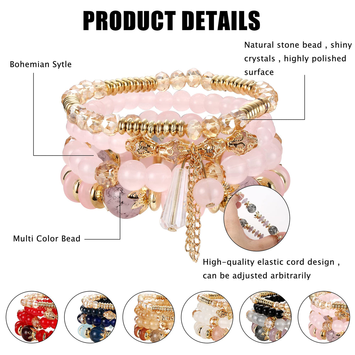 FIBO STEEL 6 Sets Bohemian Stackable Bead Bracelets for Women Stretch Multilayered Bracelet Set Multicolor Jewelry,Big Beads Elegant Style