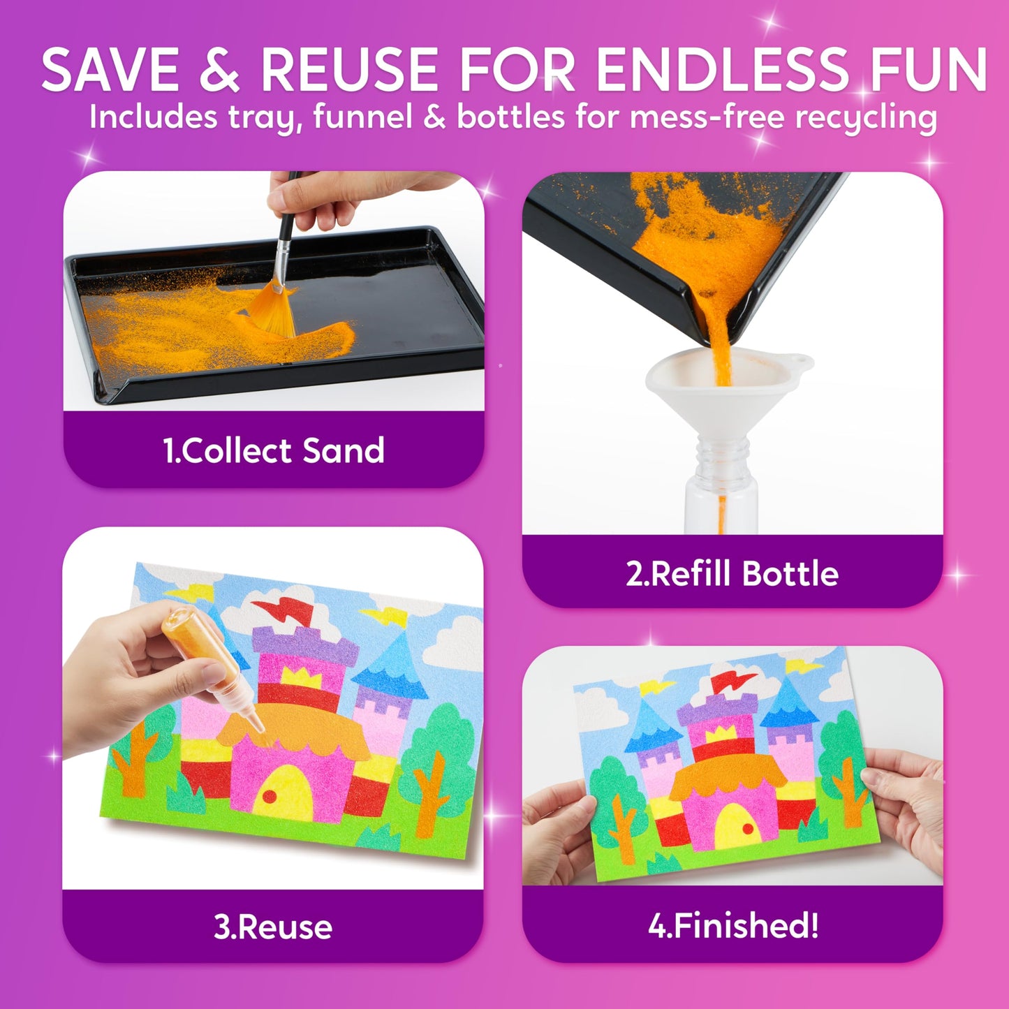 JOVA Klever Kits Glow Sand Art Kits for Kids, Glow in The Dark Sand Painting with 14 Colors, Kids Crafts, 6 Fantasy Templates & 4 DIY Sheets, Mess Free Arts and Crafts, Gifts for Girls Ages 5+