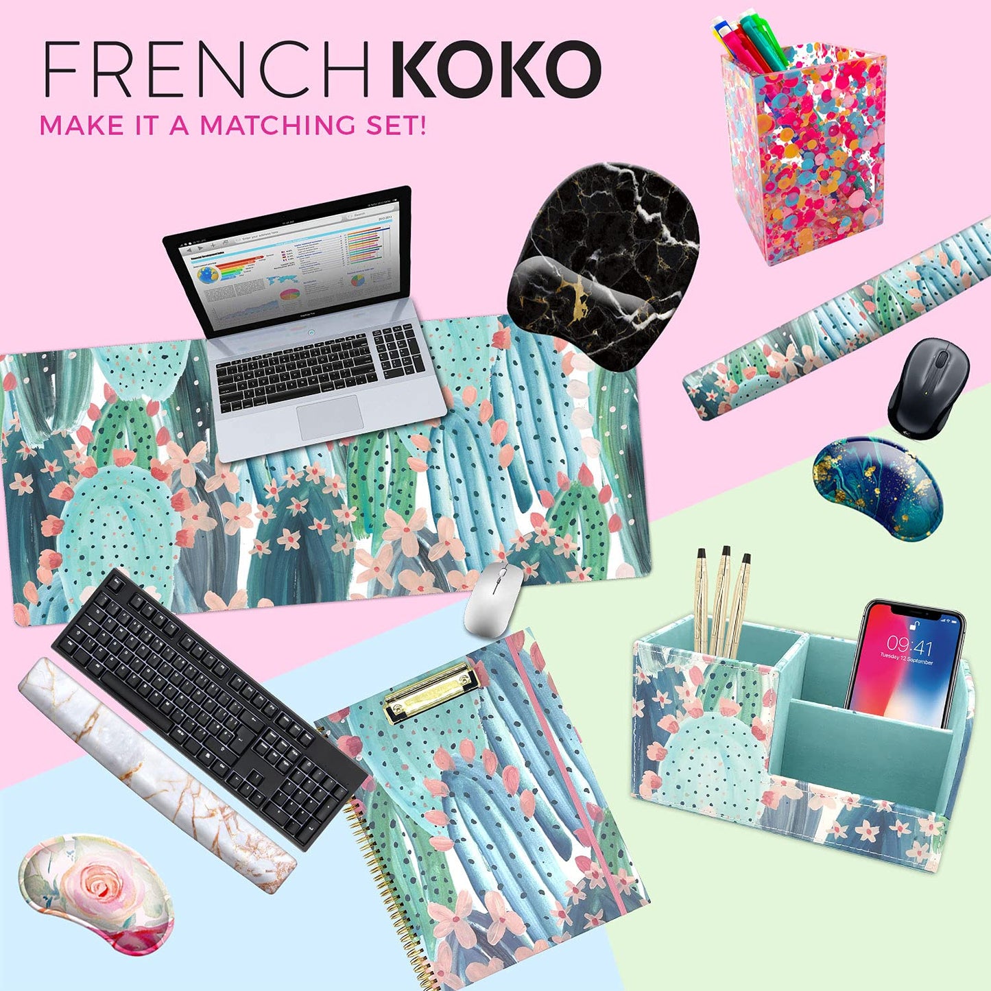 French KOKO Large Mouse Pad Desk Mat Desk Pad Keyboard School Essentials Office Decor Big Extended Laptop Protector Computer Accessories Pretty Mousepad Women Girls Pink Flowers XL Gift