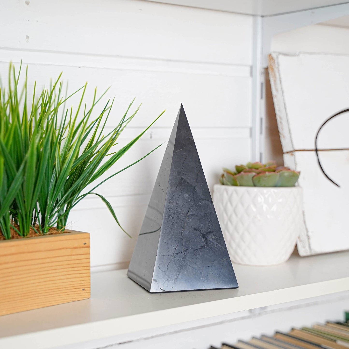 Authentic Shungite Pyramid Polished 8"(20cm), Premium Protection Crystals for House & Office, Karelian Black Stone Energy Pyramid for Root Chakra Meditation, Grounding & Negative Energy Blocker