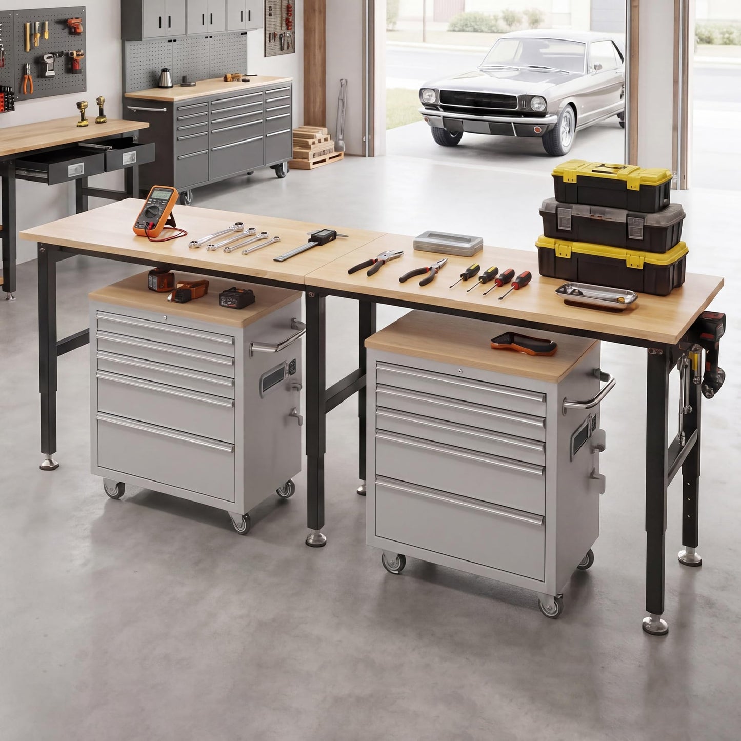 SPECRAFT 72" Adjustable Heavy Duty Workbench with 4 AC Outlet and 2 USB Ports Power Outlets, 6000 Lbs Capacity, Rubber Wood Top for Garage, Workshop, Office