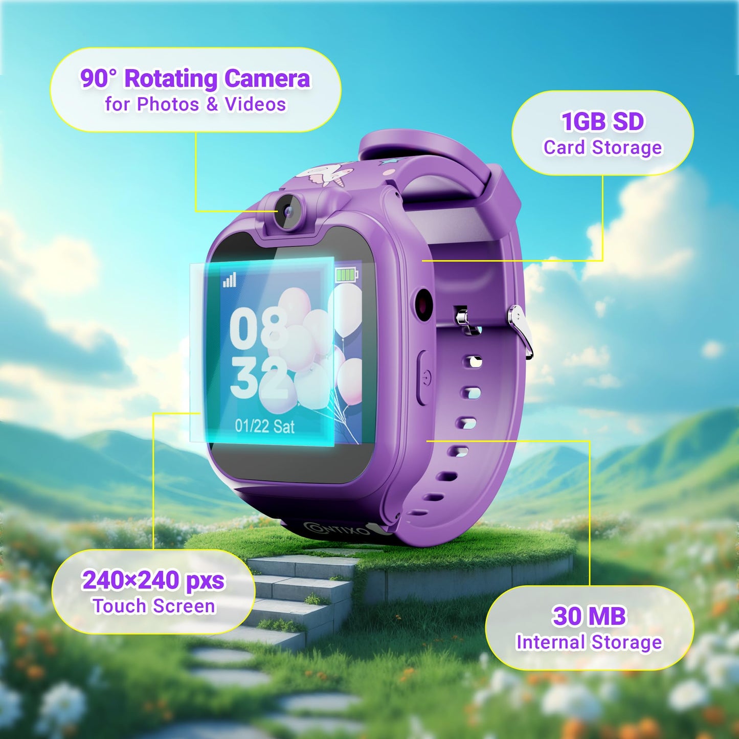 Contixo KW01 Smart Watches for Kids, Purple 1.54" HD Touch Screen Educational Smartwatch Toy with Games Camera Video Recorder Calculator Flashlight Music Player Gift for 3-12 Years Old Boys Girls