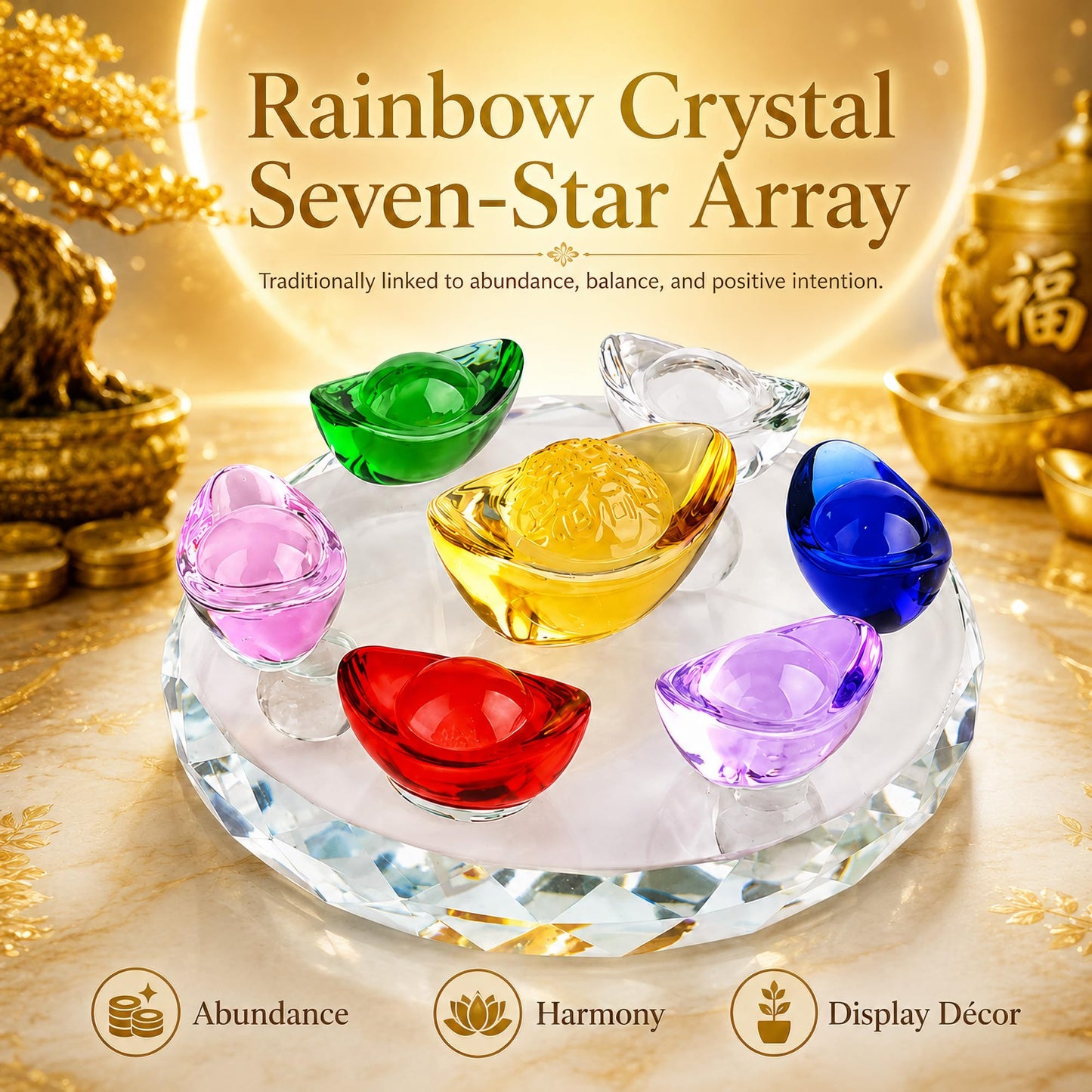 Chiorgone 7-Color Crystal Yuanbao Set - Artisan K9 Glass Ingot Seven Star Array - Traditional Symbol of Abundance & Spatial Harmony - Home Office Desktop Cultural Centerpiece