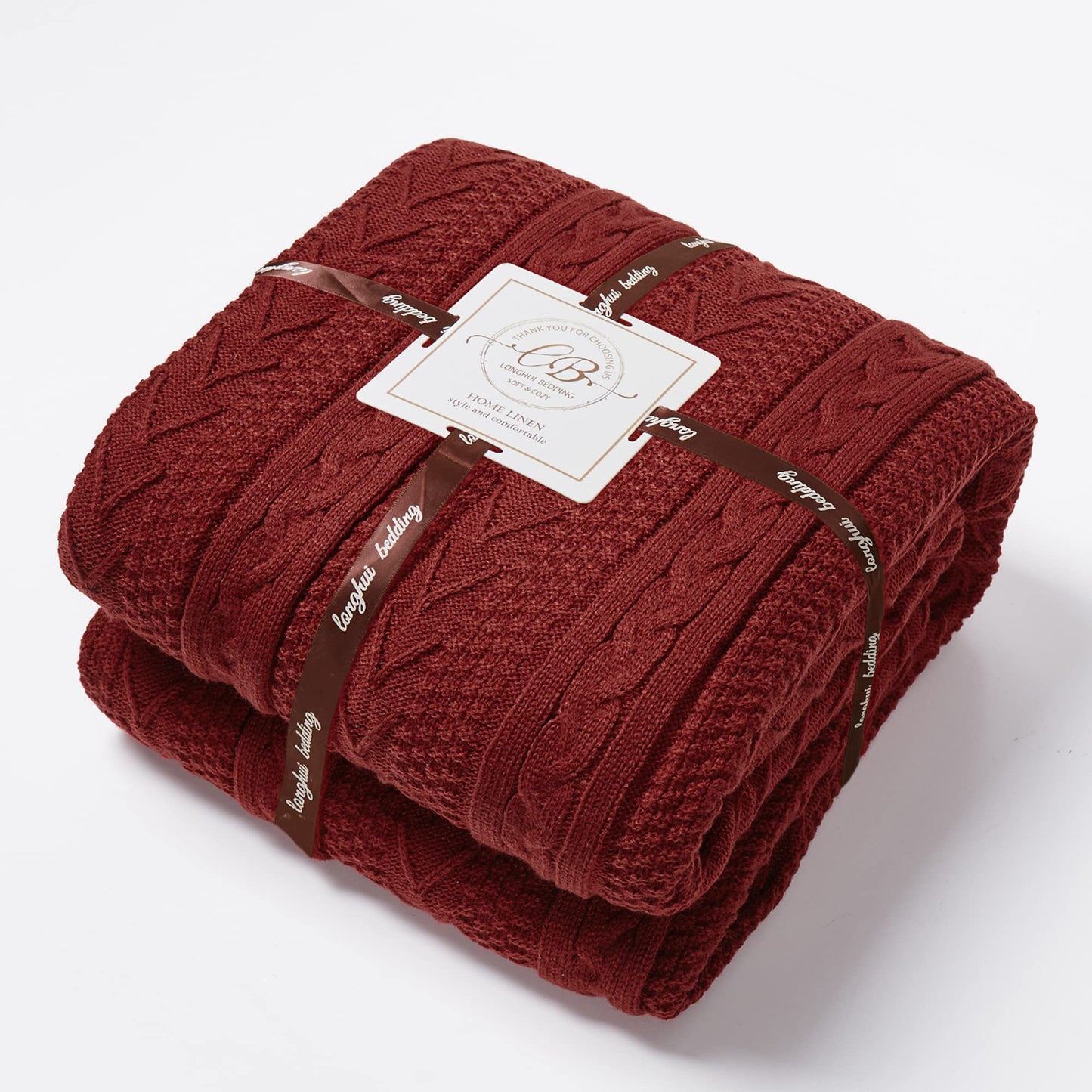 Longhui bedding Wine Red 50 x 63 Inches Acrylic Cable Knit Sherpa Throw Blanket - Thick, Soft, Big, Cozy Knitted Fleece Blankets for Couch, Sofa, Bed - Large Coverlet All Season, Burgundy Color
