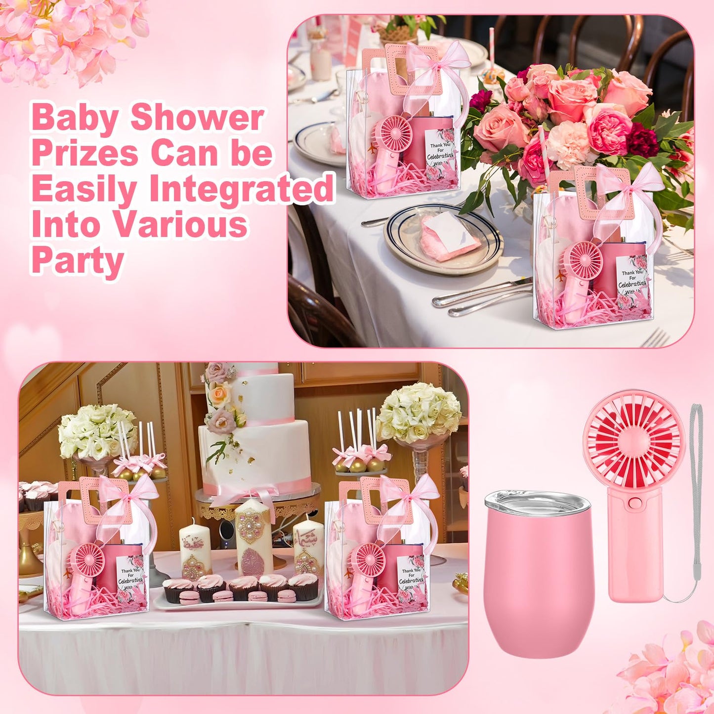 Talltalk 6 Sets Baby Shower Prizes for Game Wedding Bridal Shower Winners Gifts Guest Favors Luggage Tag Handheld Fan Cup Notebooks Silk Eye Mask Ballpoint Pen Card Bags(Pink)
