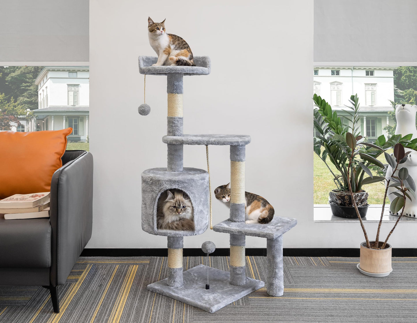 Cat Tree, 112cm Cat Scratching Post for Indoor Cats, Multi-Level Stable Cats Tower with Sisal Scratching Posts, Plush Toy Balls, Cave, Sisal Rope for Kitten Climbing, Playing, Relaxing, Grey