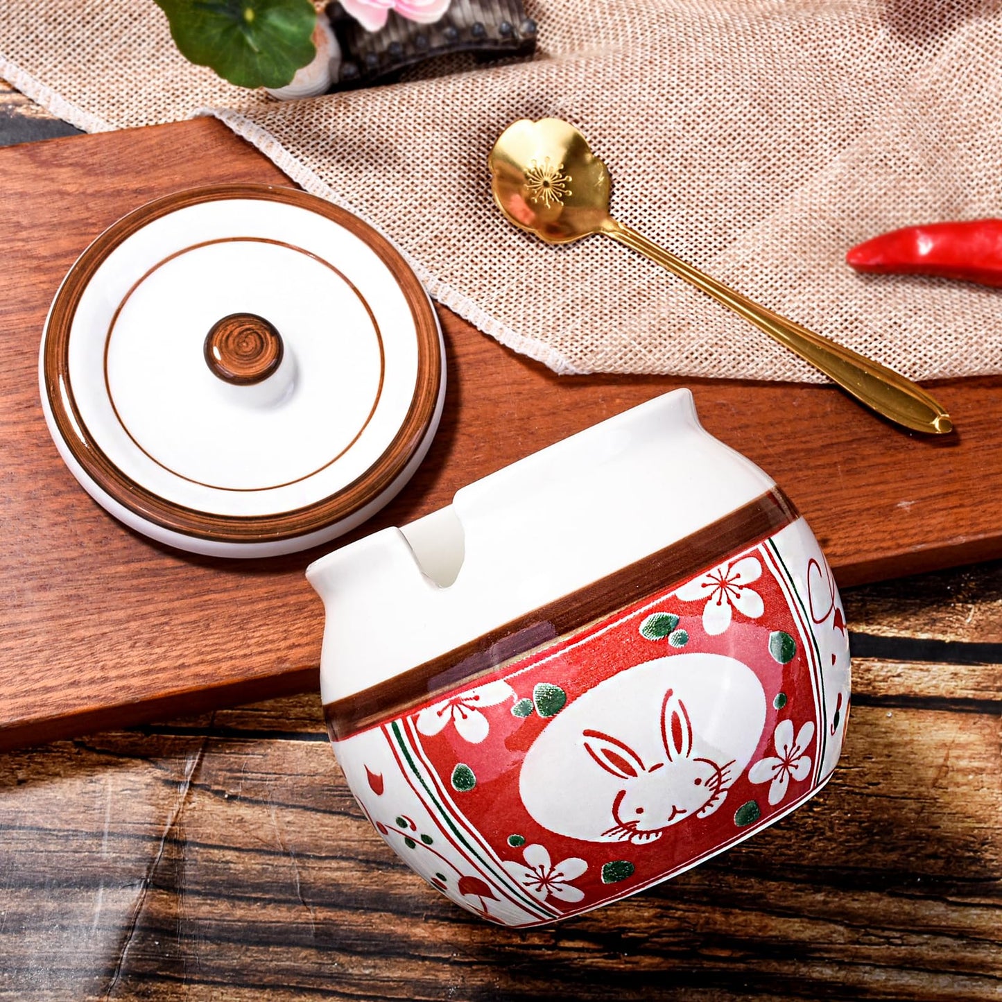 Cerficer Japanese Style Ceramic Sugar Bowl with Lid and Spoon, 4.3-Inch Hand-Painted Decorative Condiment Jar for Salt, Spices, and Seasonings, Microwave and Dishwasher Safe Kitchen Countertop Storage
