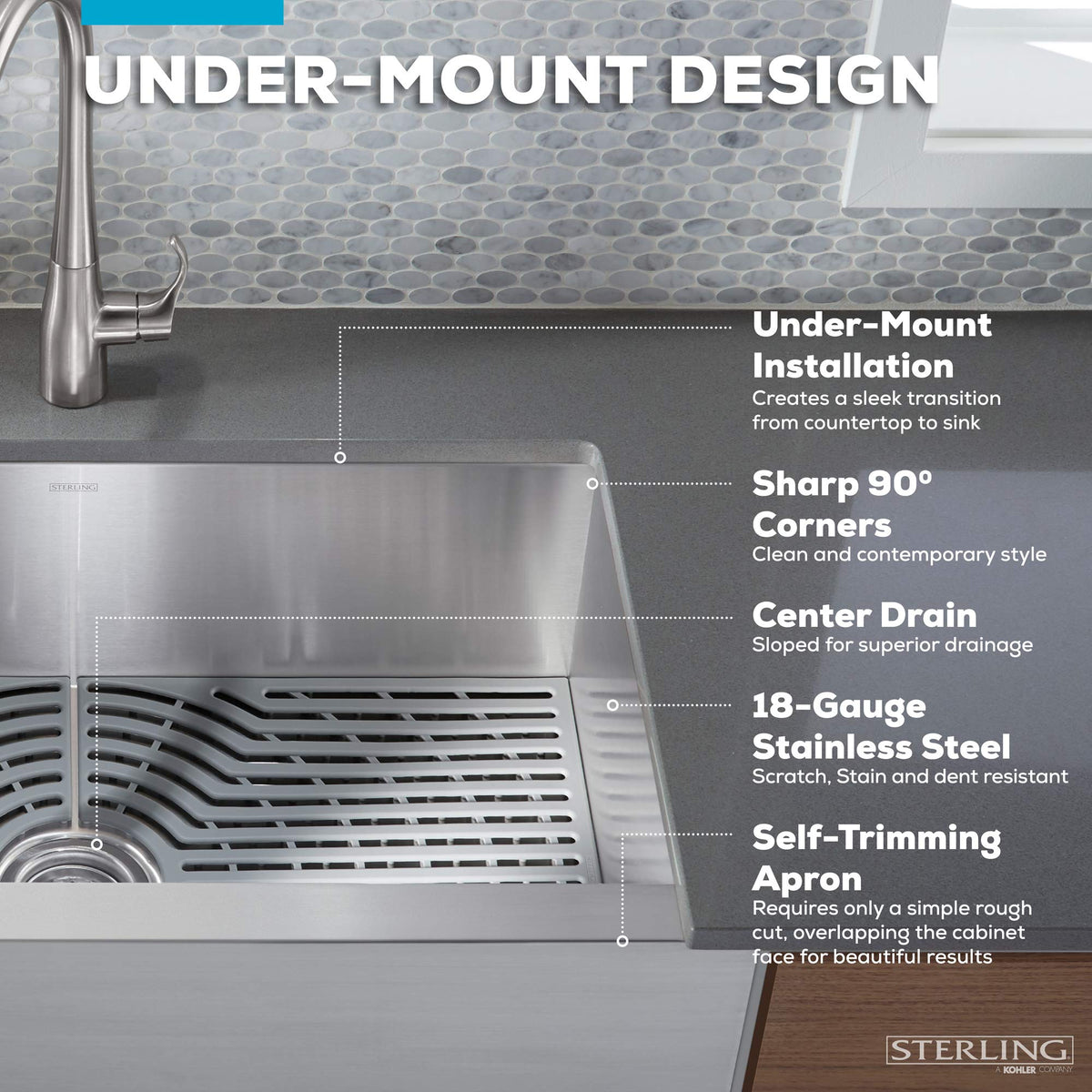 Sterling K-20243-PC-NA Ludington 34" Under-Mount Single-Bowl Farmhouse Kitchen Sink with Accessories, Apron-Front Basin, Stainless Steel